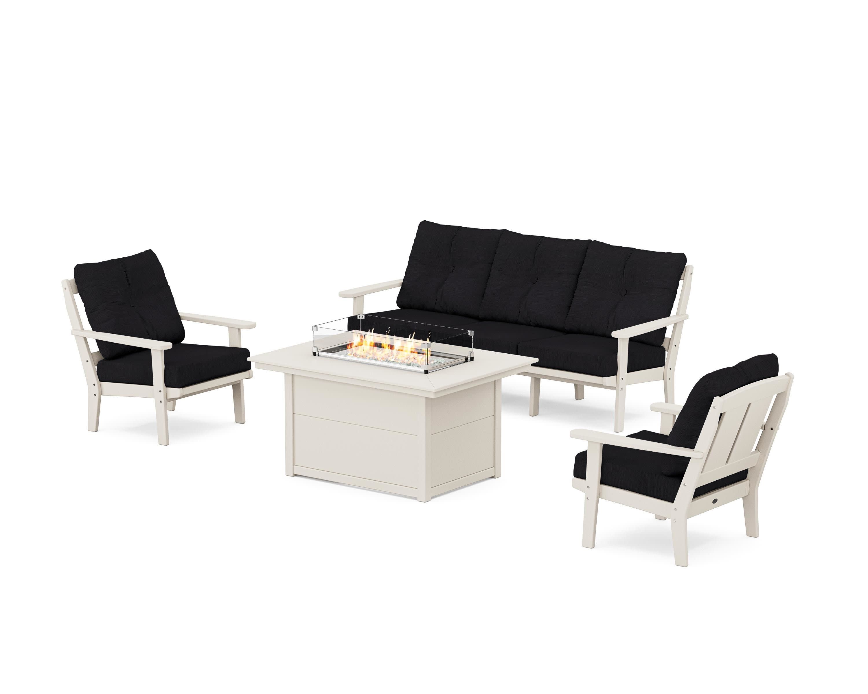 Mission Deep Seating Fire Pit Table Set in Sand / Midnight Linen