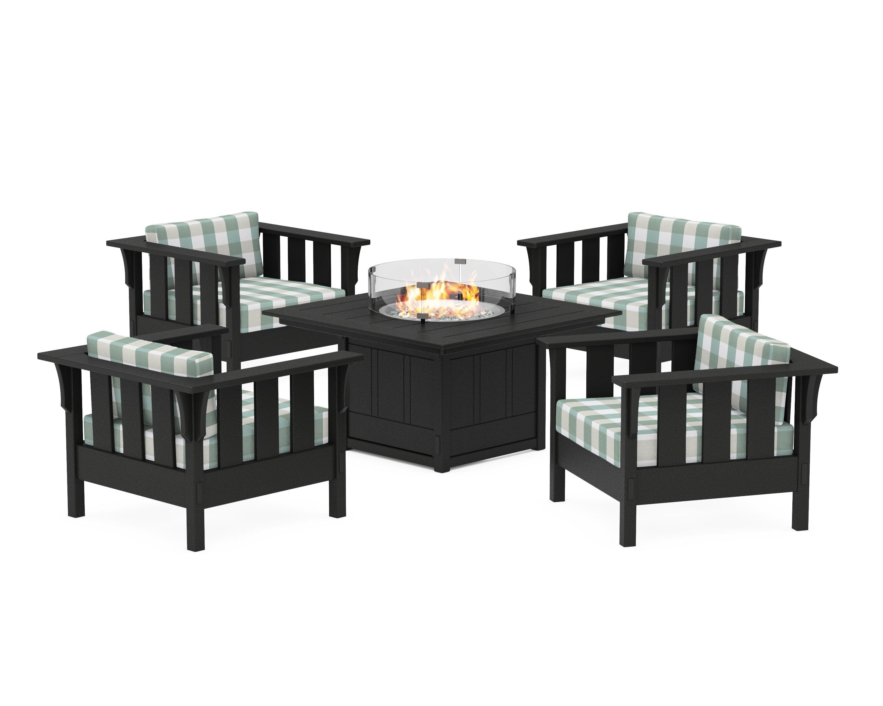 Acadia 5-Piece Deep Seating Set with Fire Pit Table in Black / Buffalo Plaid Glacier Spa