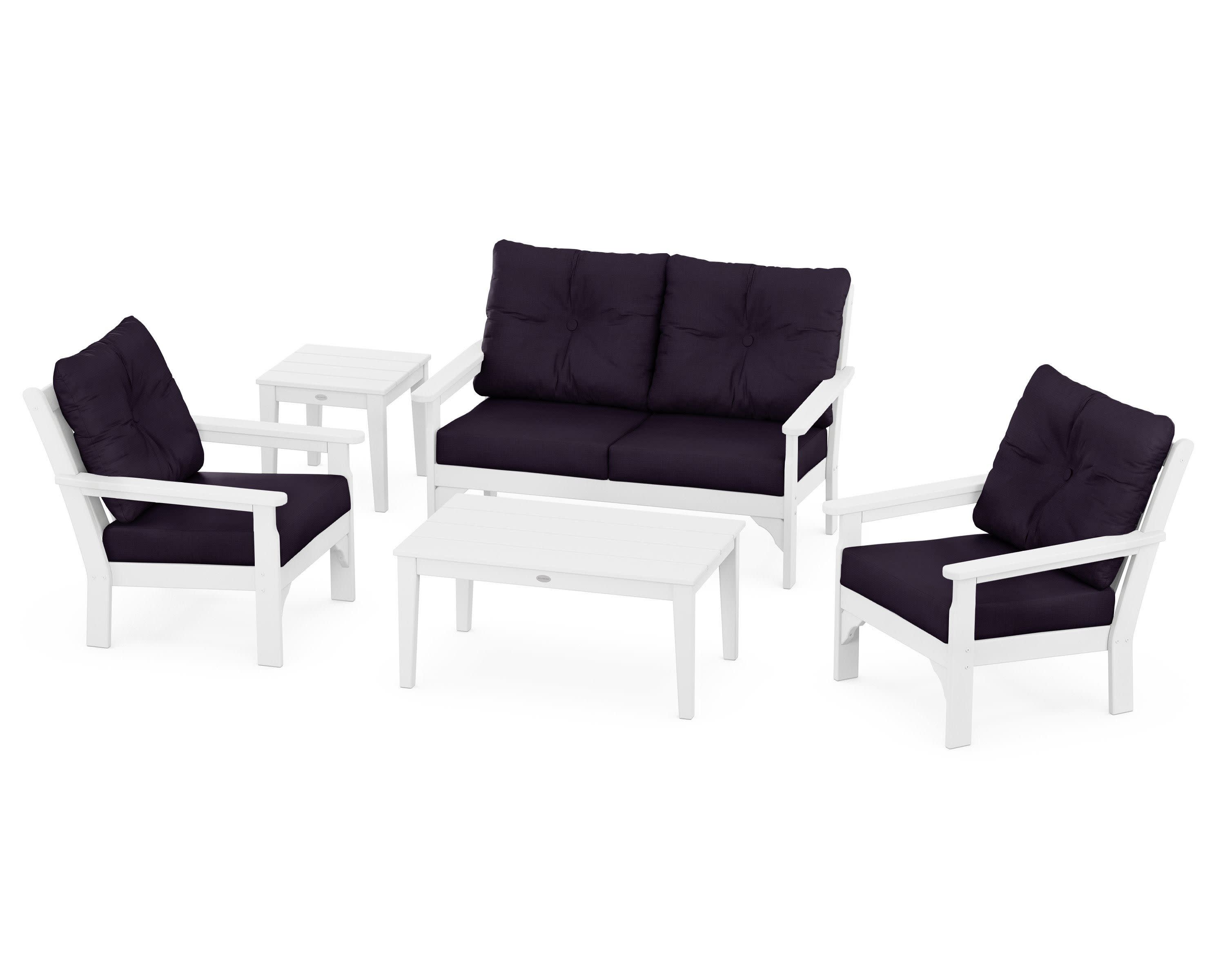 Vineyard 5-Piece Deep Seating Set in White / Navy Linen