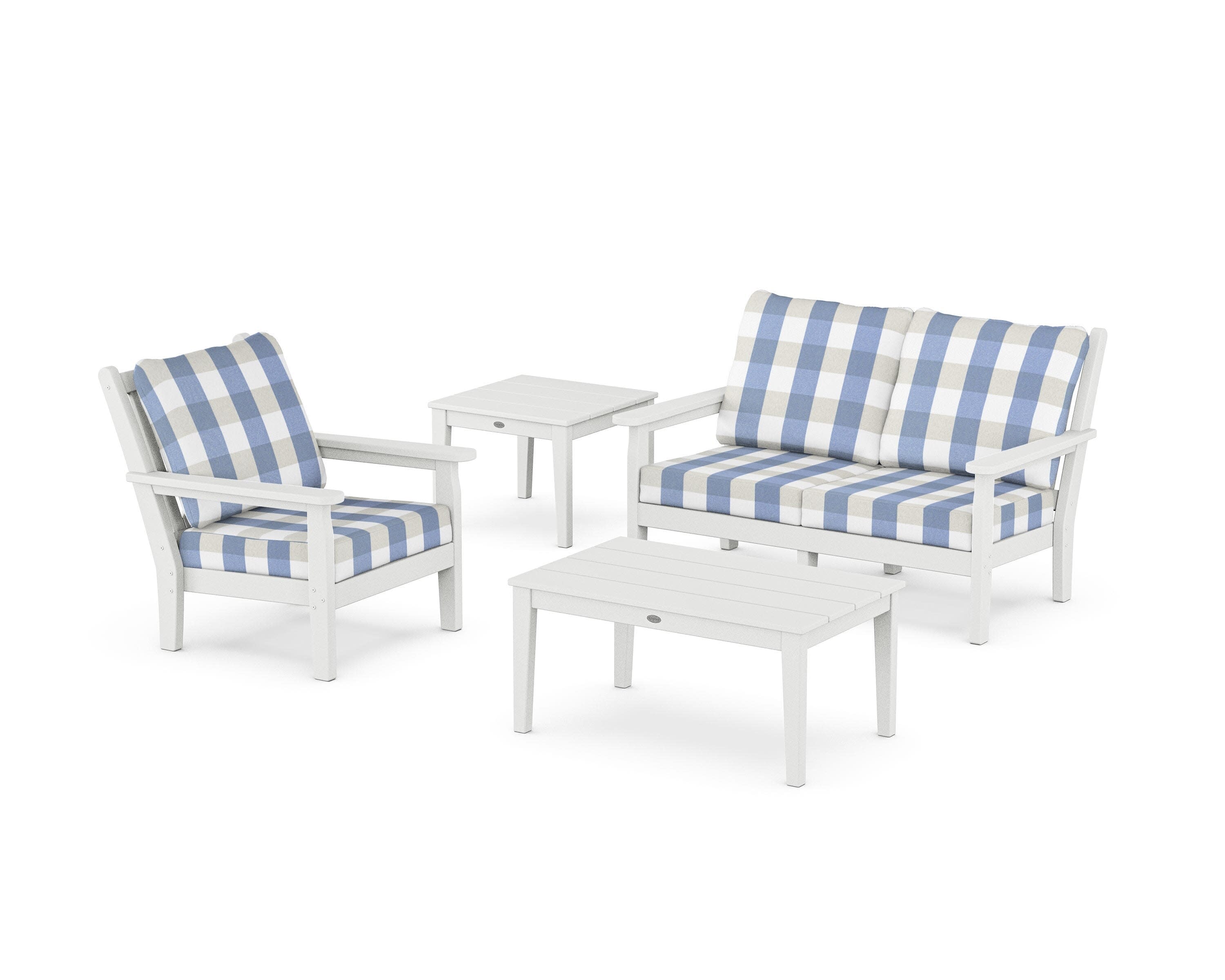 Chippendale 4-Piece Deep Seating Set in White / Buffalo Plaid Sky Blue