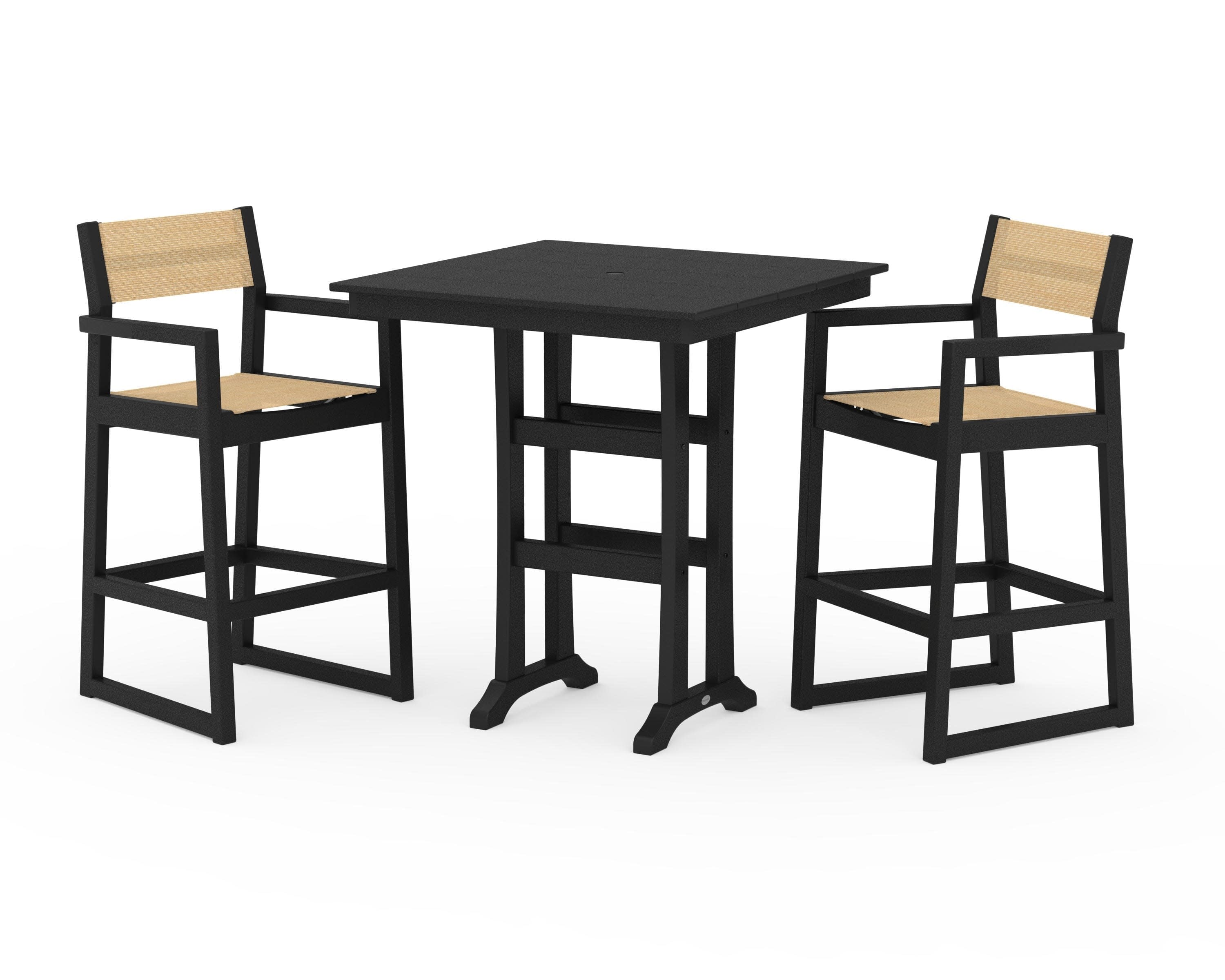 EDGE Sling Arm Chair 3-Piece Farmhouse Bar Set with Trestle Legs in Black / Dupioni Apricot Sling