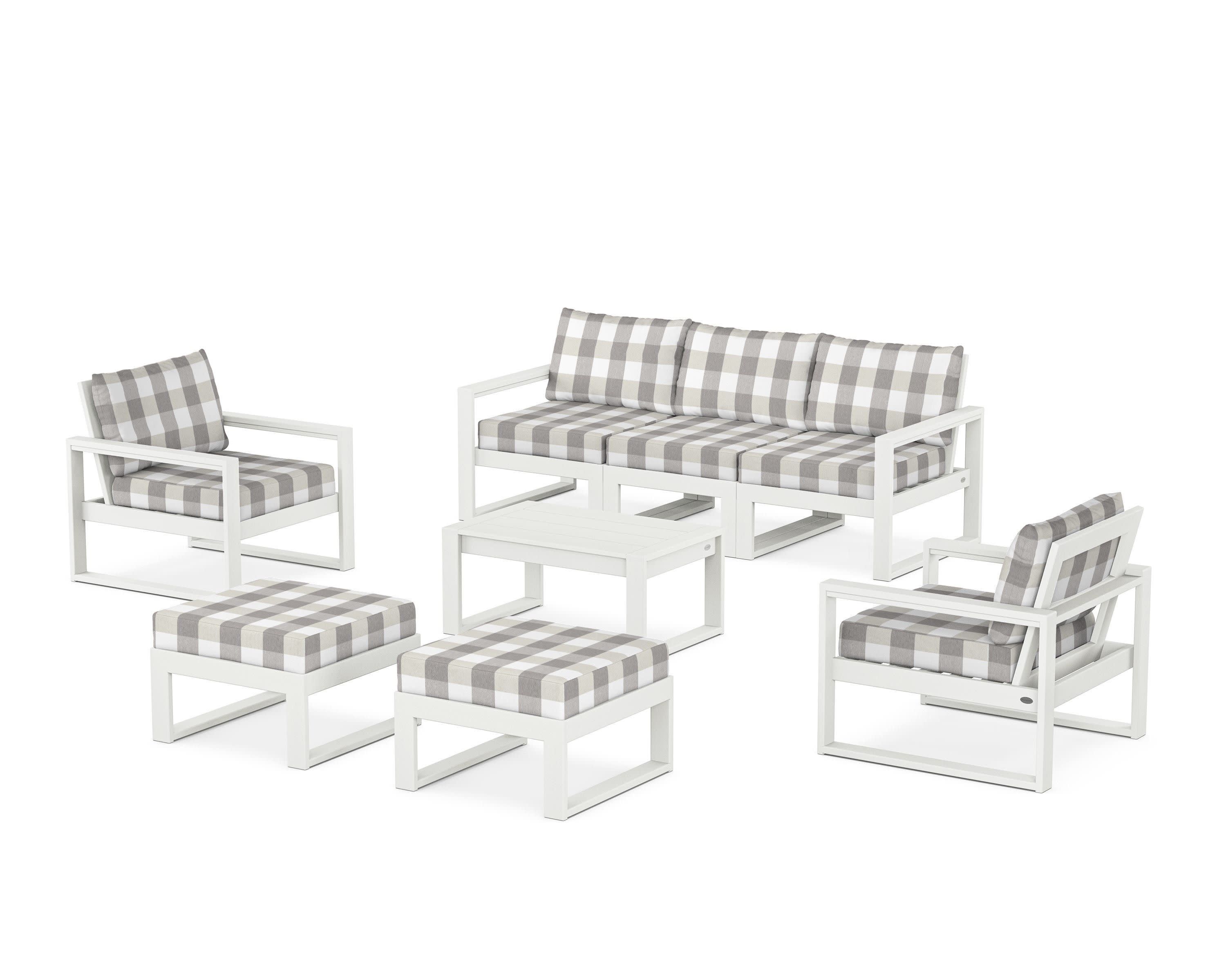 EDGE Sectional 8-Piece Lounge Sofa Set in Vintage White / Buffalo Plaid Grey Mist