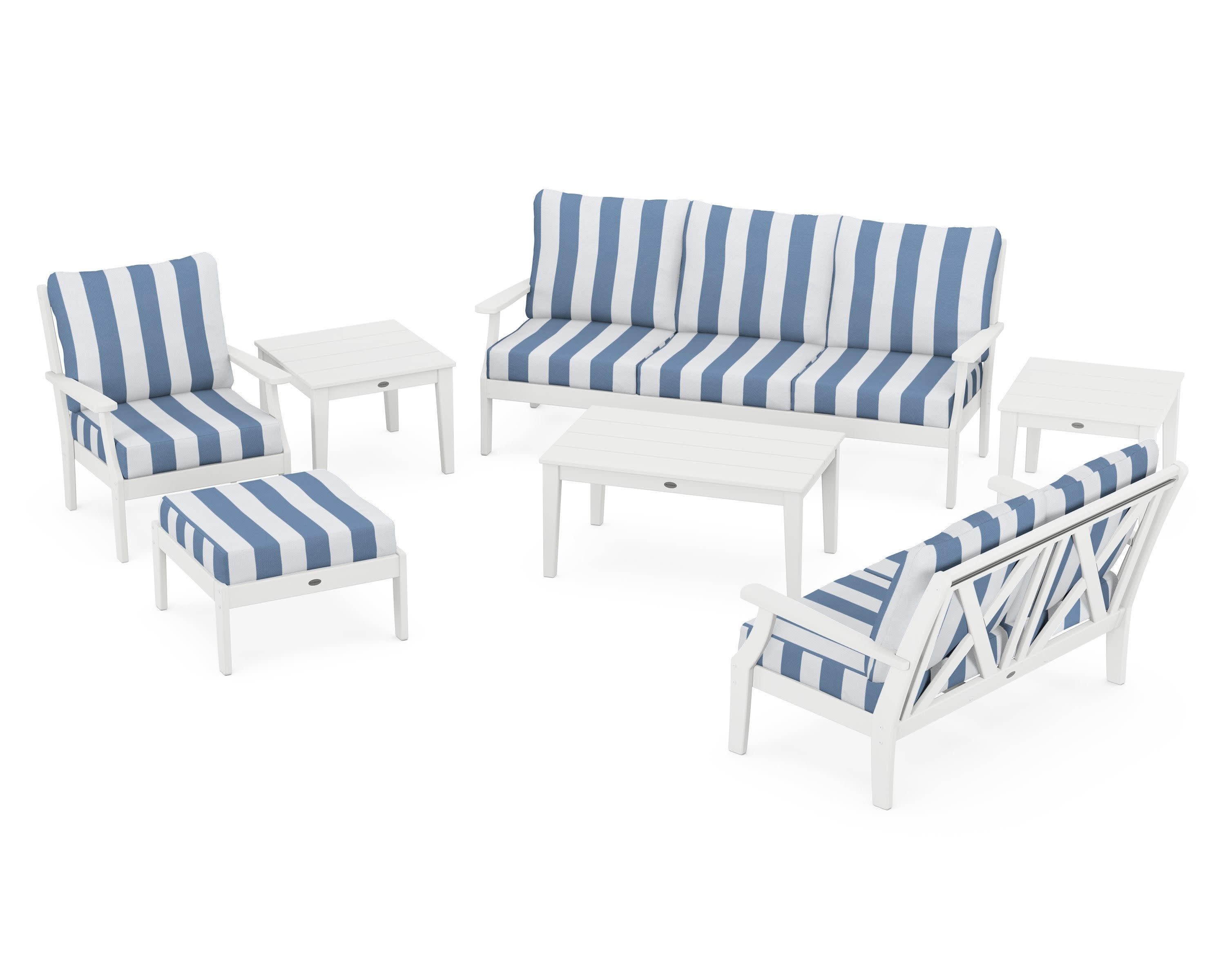Braxton 7-Piece Deep Seating Set in White / Cabana Stripe Sky Blue