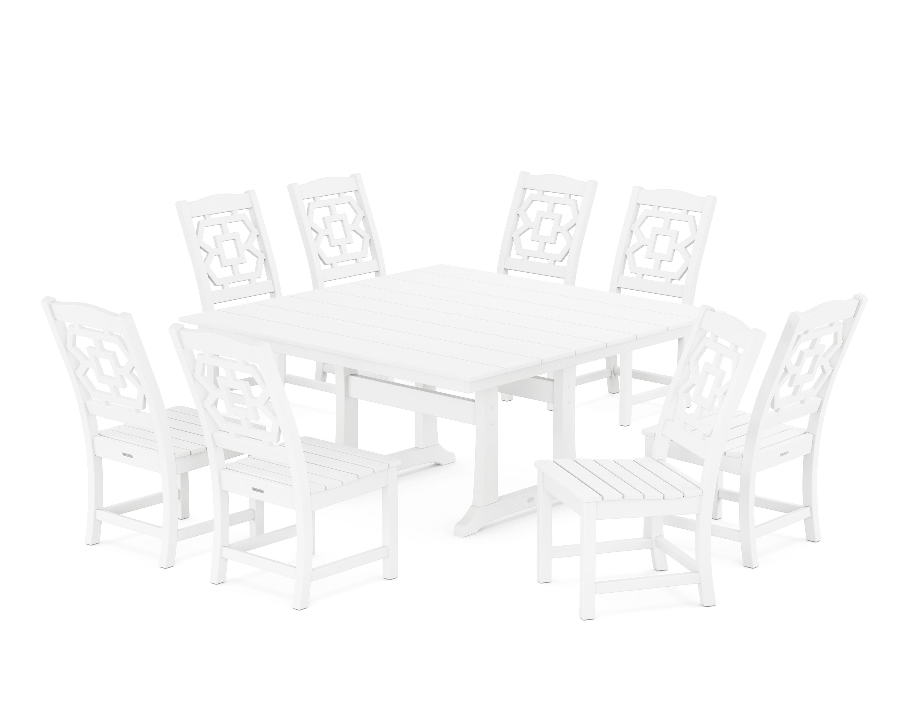 Chinoiserie 9-Piece Square Farmhouse Side Chair Dining Set with Trestle Legs in White