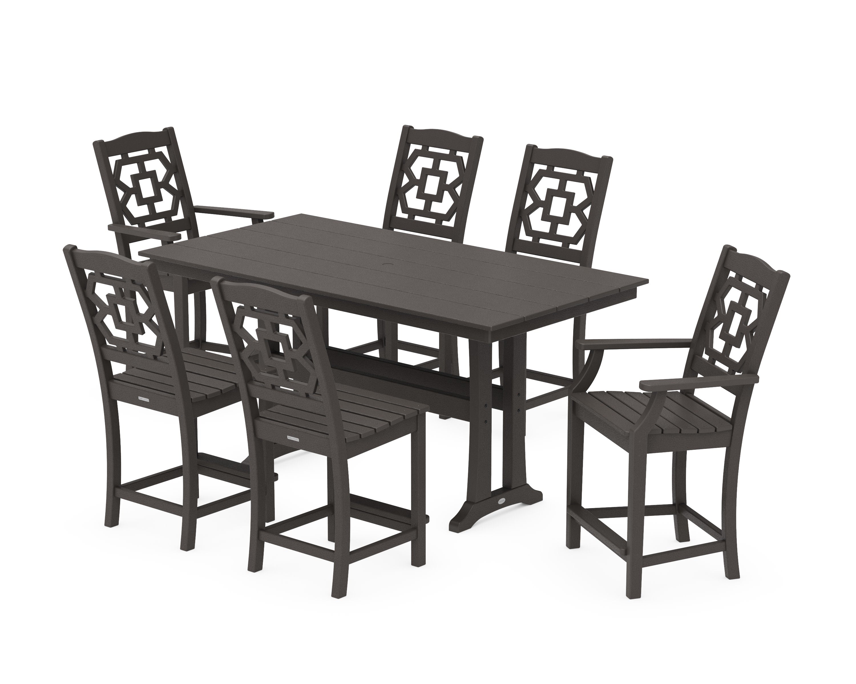 Chinoiserie 7-Piece Farmhouse Counter Set with Trestle Legs in Vintage Coffee