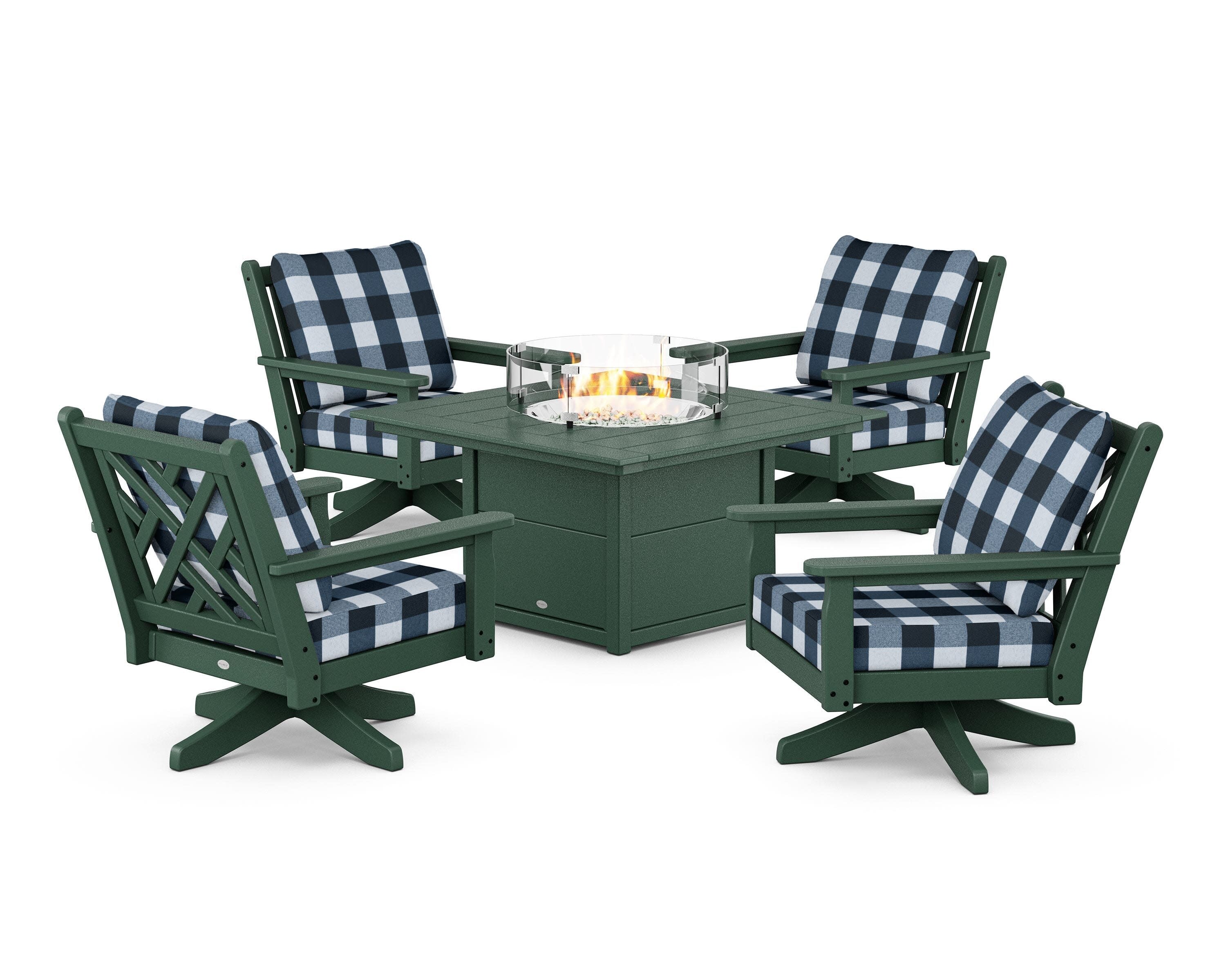 Chippendale 5-Piece Deep Seating Swivel Conversation Set with Fire Pit Table in Green / Buffalo Plaid Marine Indigo