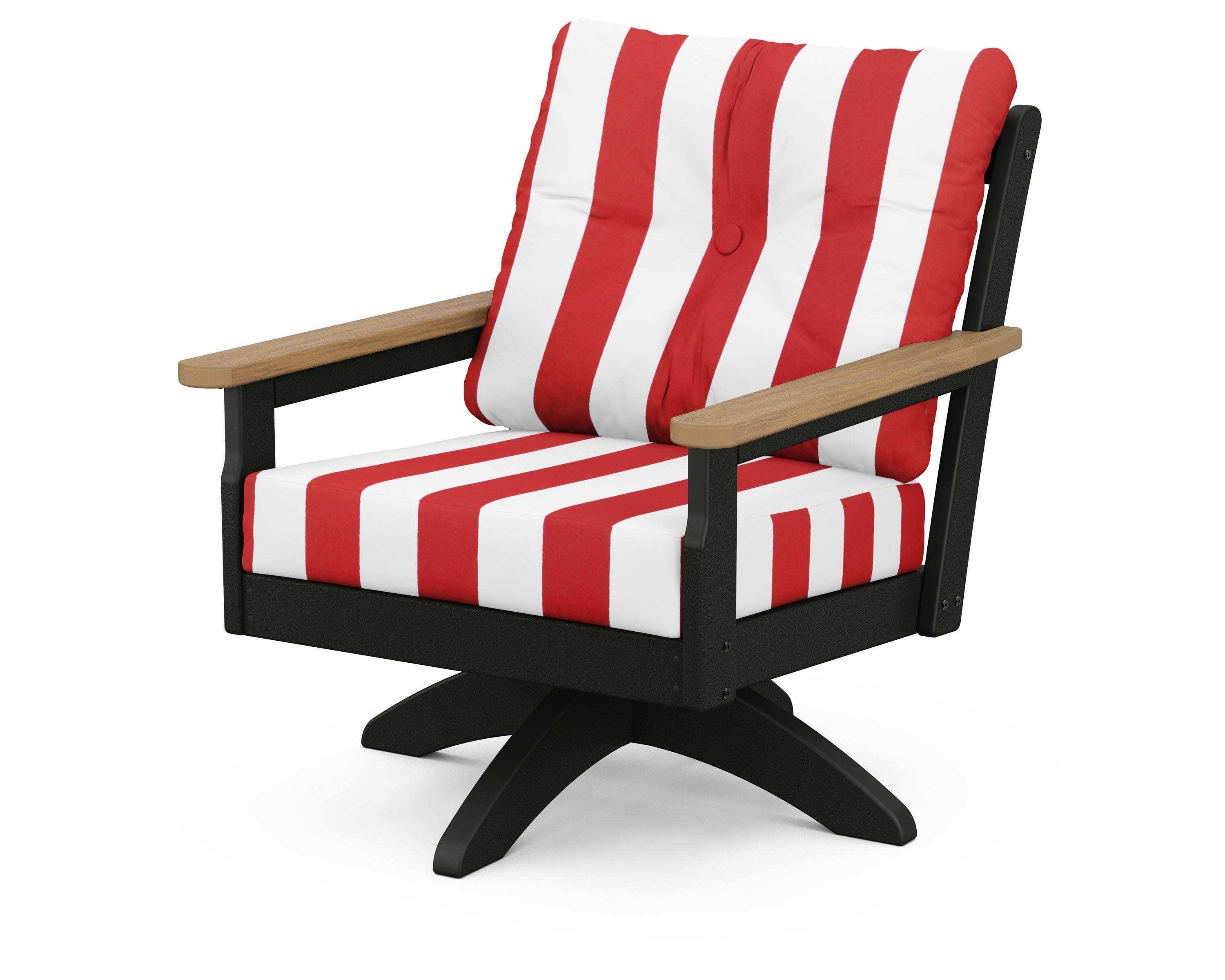 Vineyard Deep Seating Swivel Chair in Black / Natural / Cabana Stripe Crimson