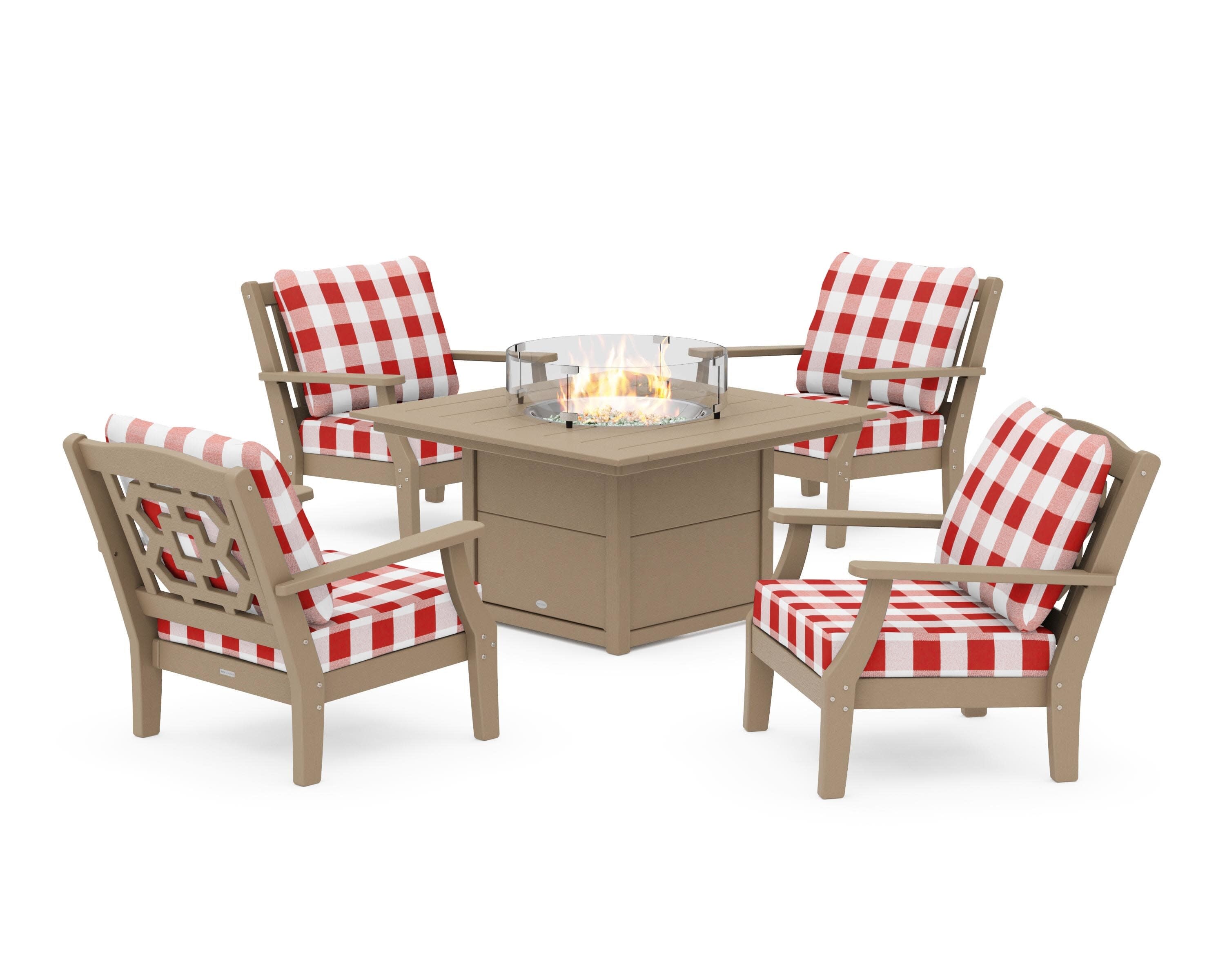 Chinoiserie 5-Piece Deep Seating Set with Fire Pit Table in Vintage Sahara / Buffalo Plaid Crimson