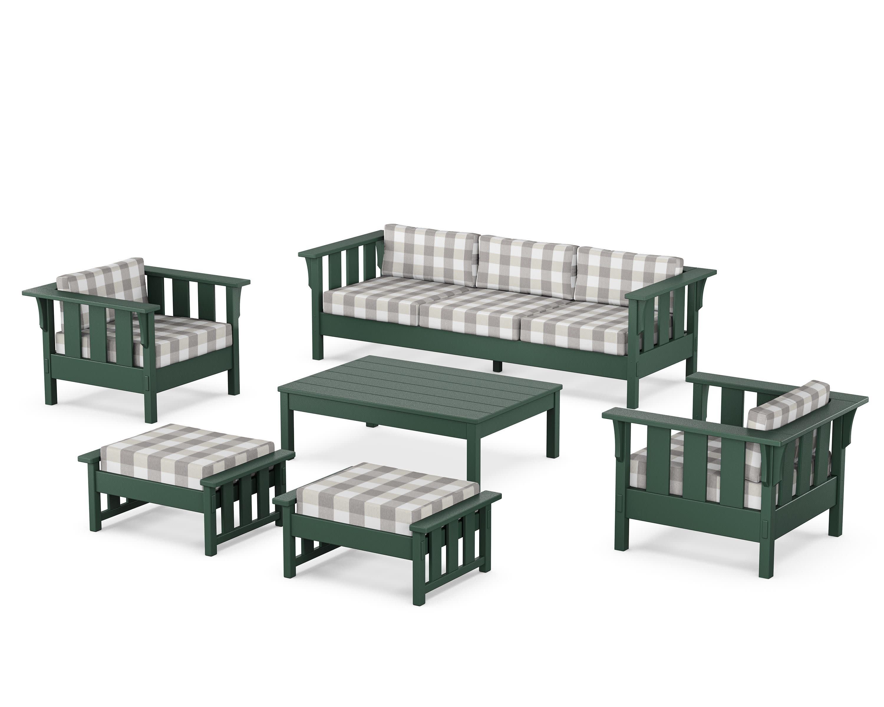 Acadia 6-Piece Lounge Sofa Set in Green / Buffalo Plaid Grey Mist