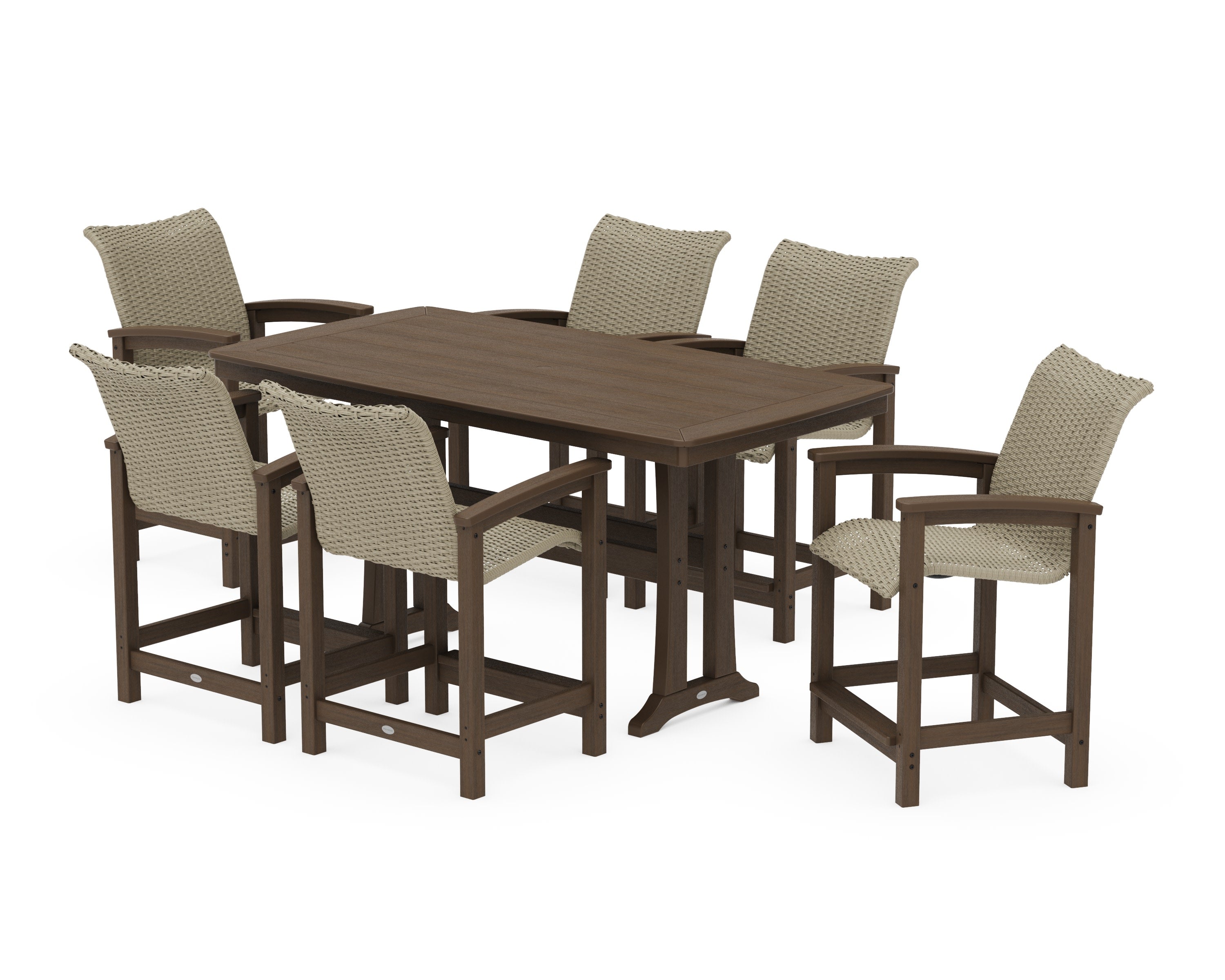 Coastal Woven Arm Chair 7-Piece Counter Set with Trestle Legs in Kona / Dune Grass