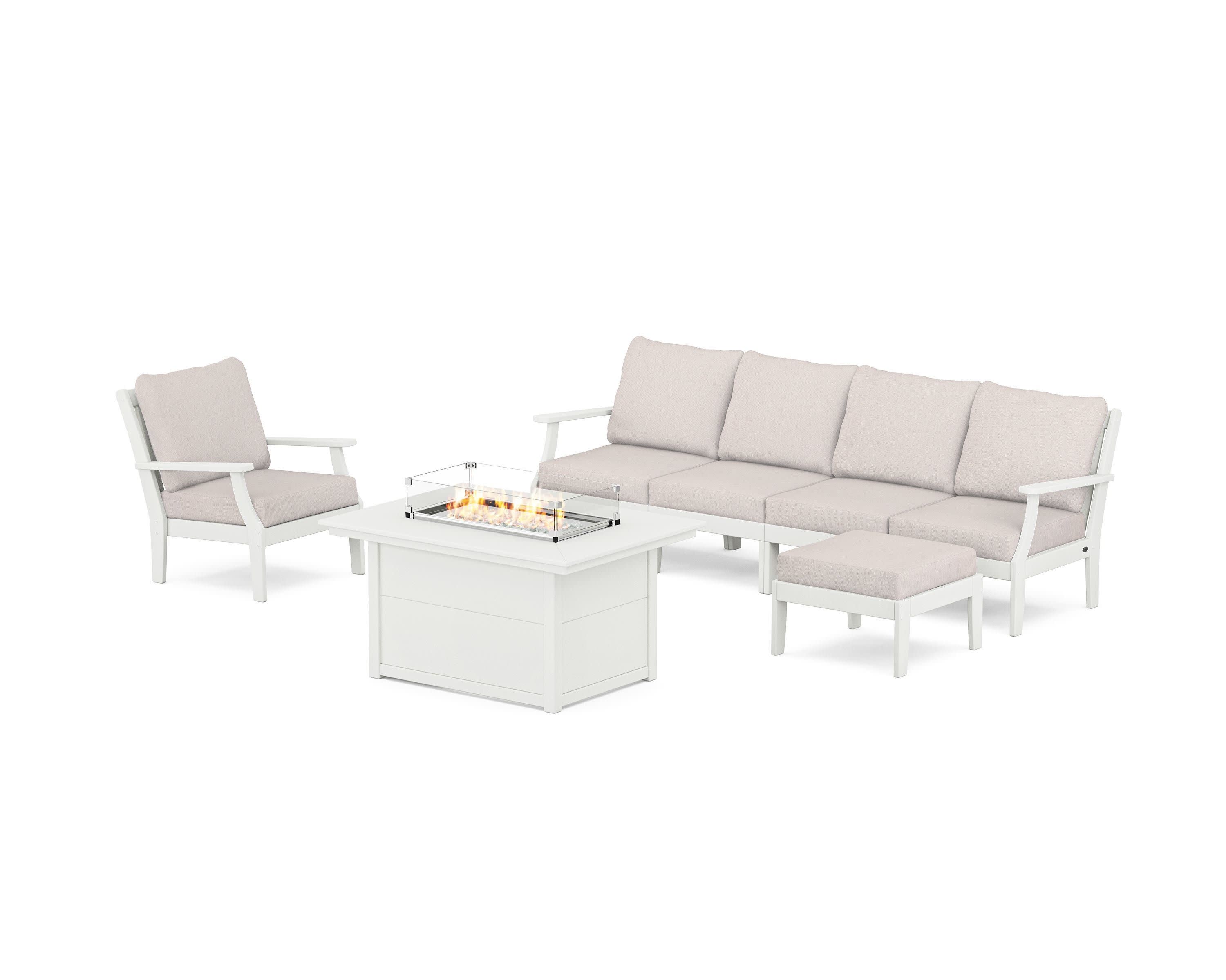 Braxton Sectional Lounge and Fire Pit Set in Vintage White / Dune Burlap