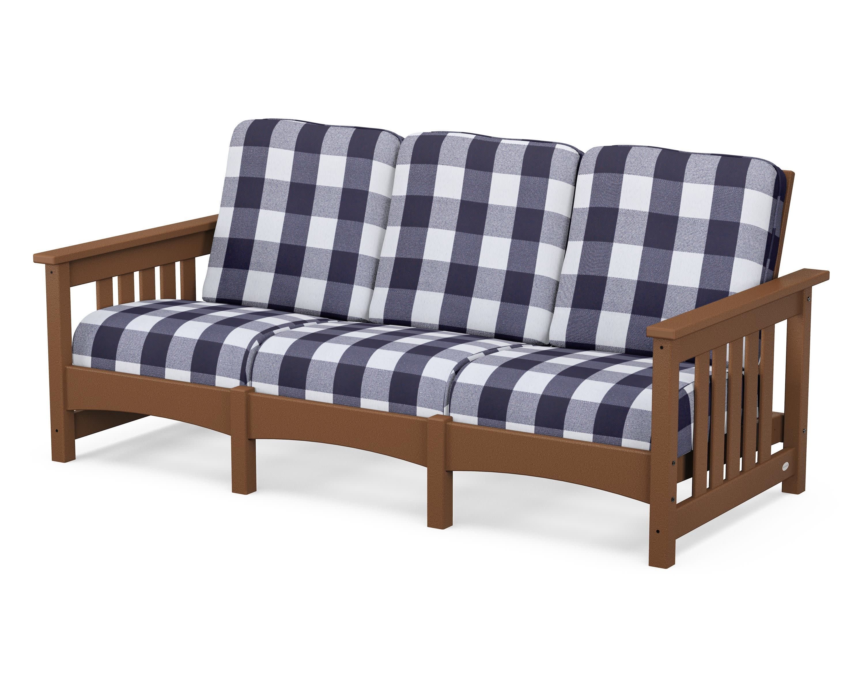 Club Mission Sofa in Teak / Buffalo Plaid Navy