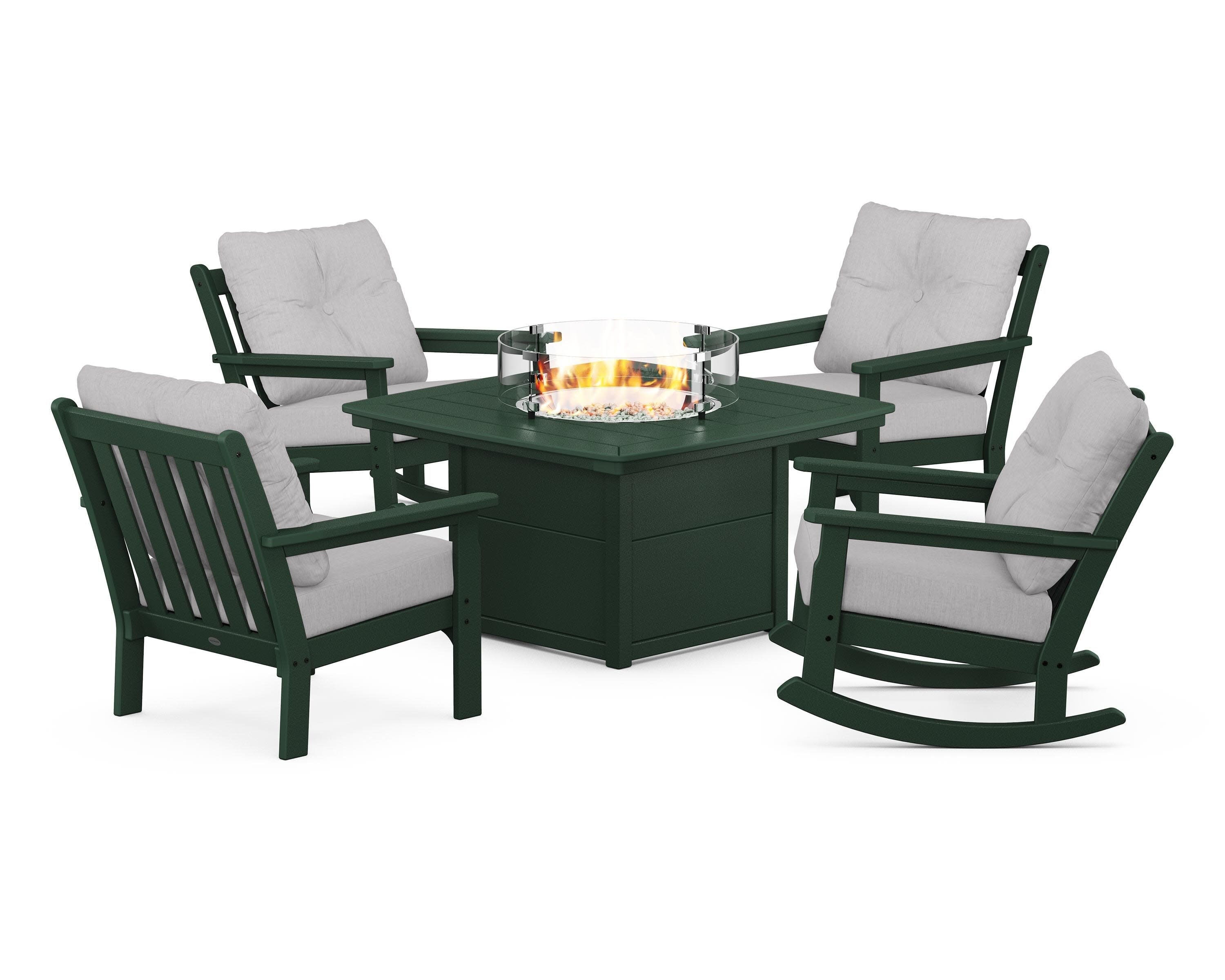 Vineyard 5-Piece Deep Seating Rocking Chair Conversation Set with Fire Pit Table in Green / Granite