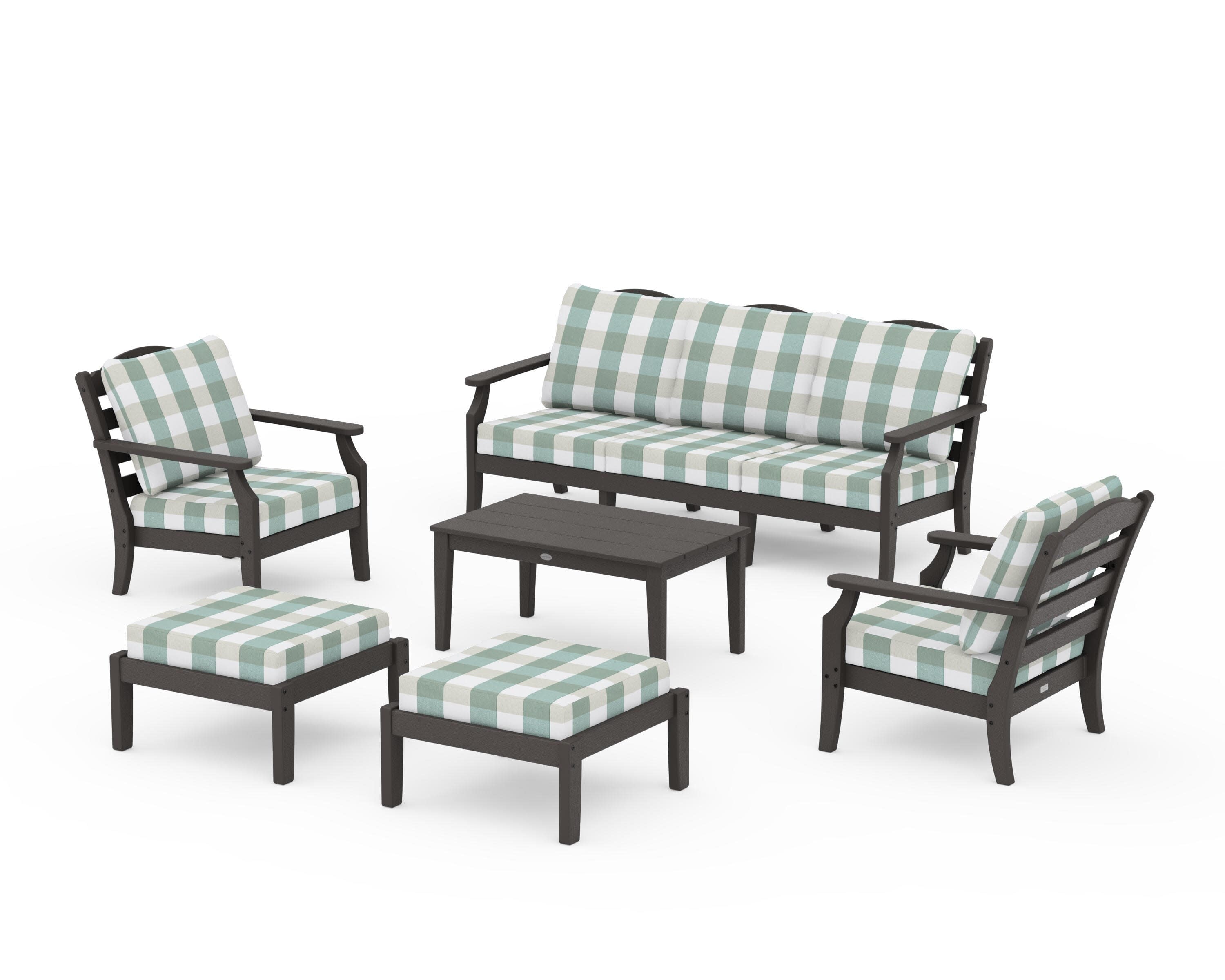 Savannah 6-Piece Lounge Sofa Set in Vintage Coffee / Buffalo Plaid Glacier Spa