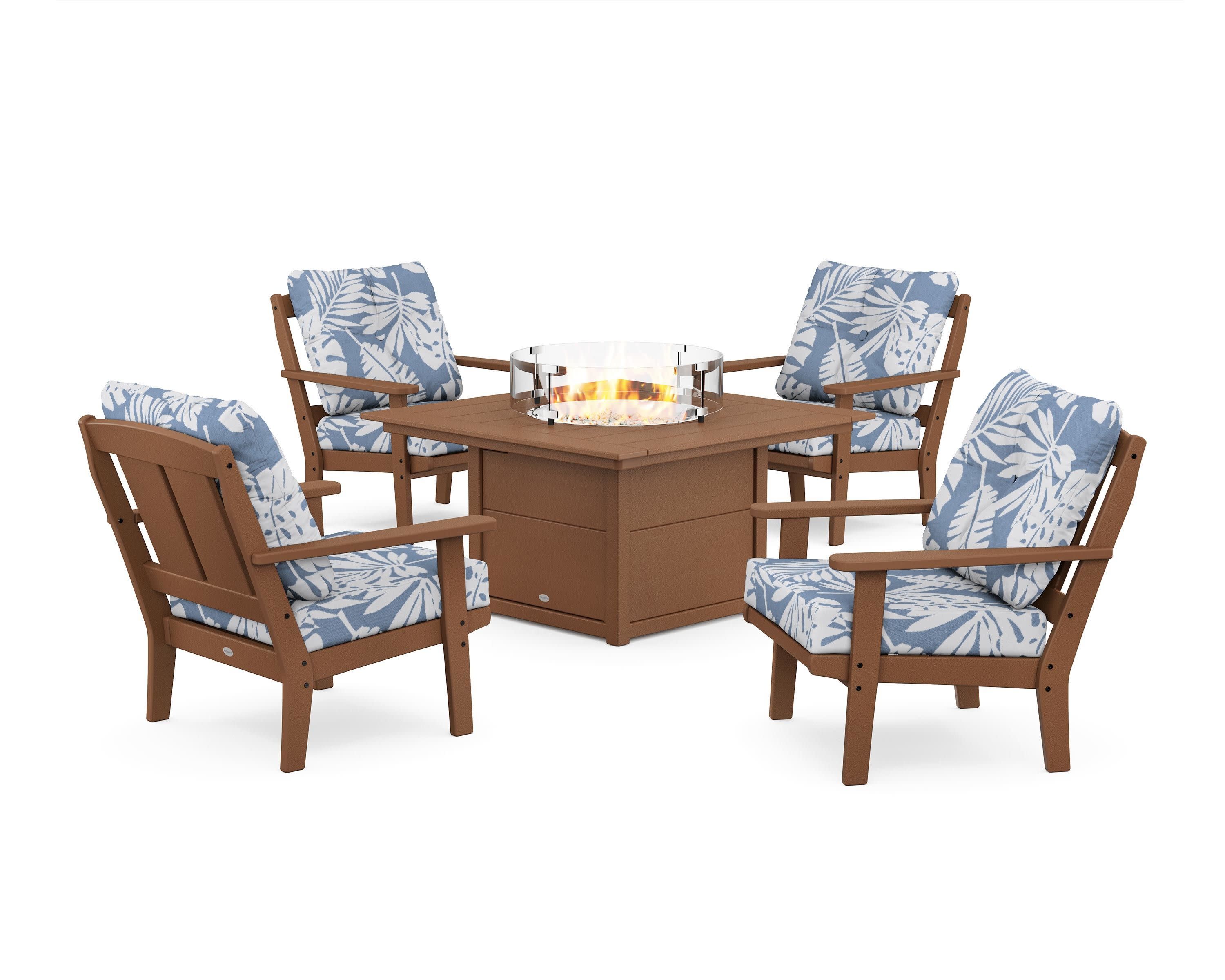 Mission 5-Piece Deep Seating Set with Fire Pit Table in Teak / Leaf Sky Blue