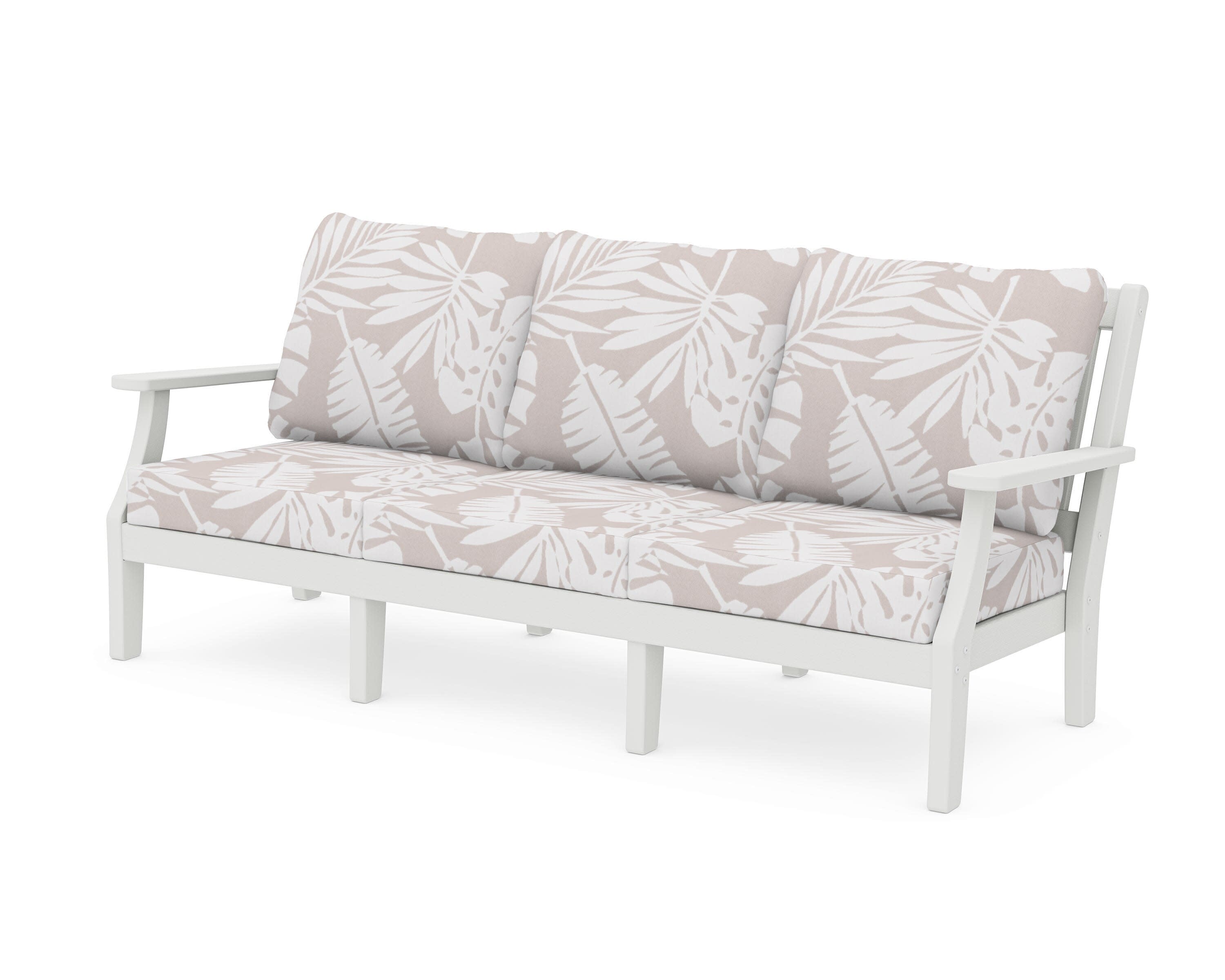 Chinoiserie Deep Seating Sofa in Vintage White / Leaf Dune Burlap