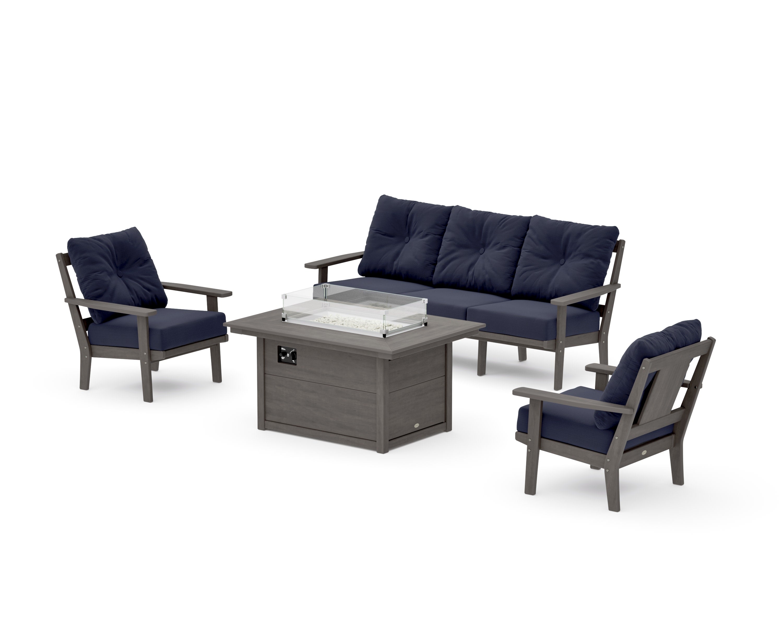 Prairie Deep Seating Fire Pit Table Set in Driftwood / Navy Linen