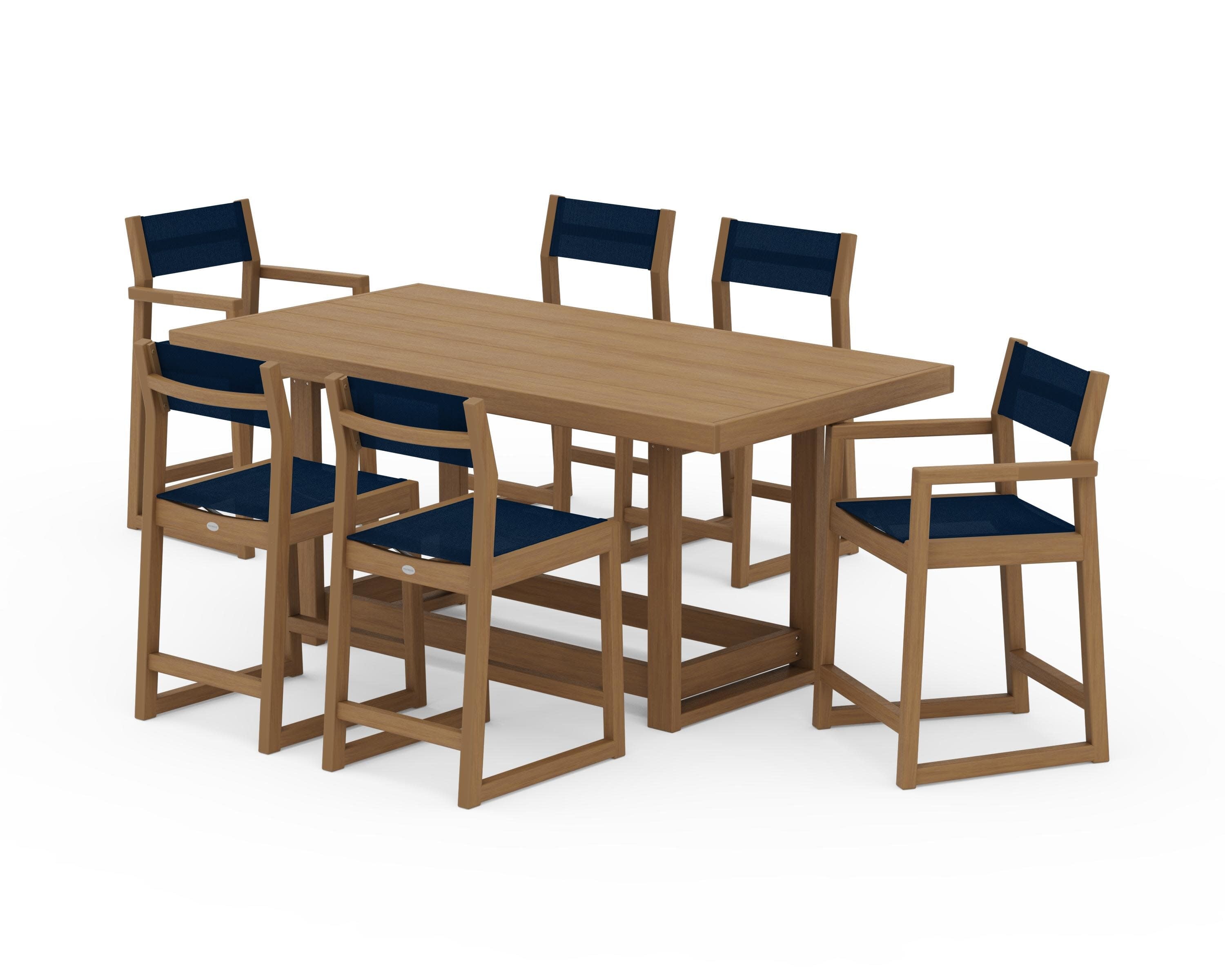 EDGE Sling 7-Piece Counter Table Set in Natural / Navy Blue Sling