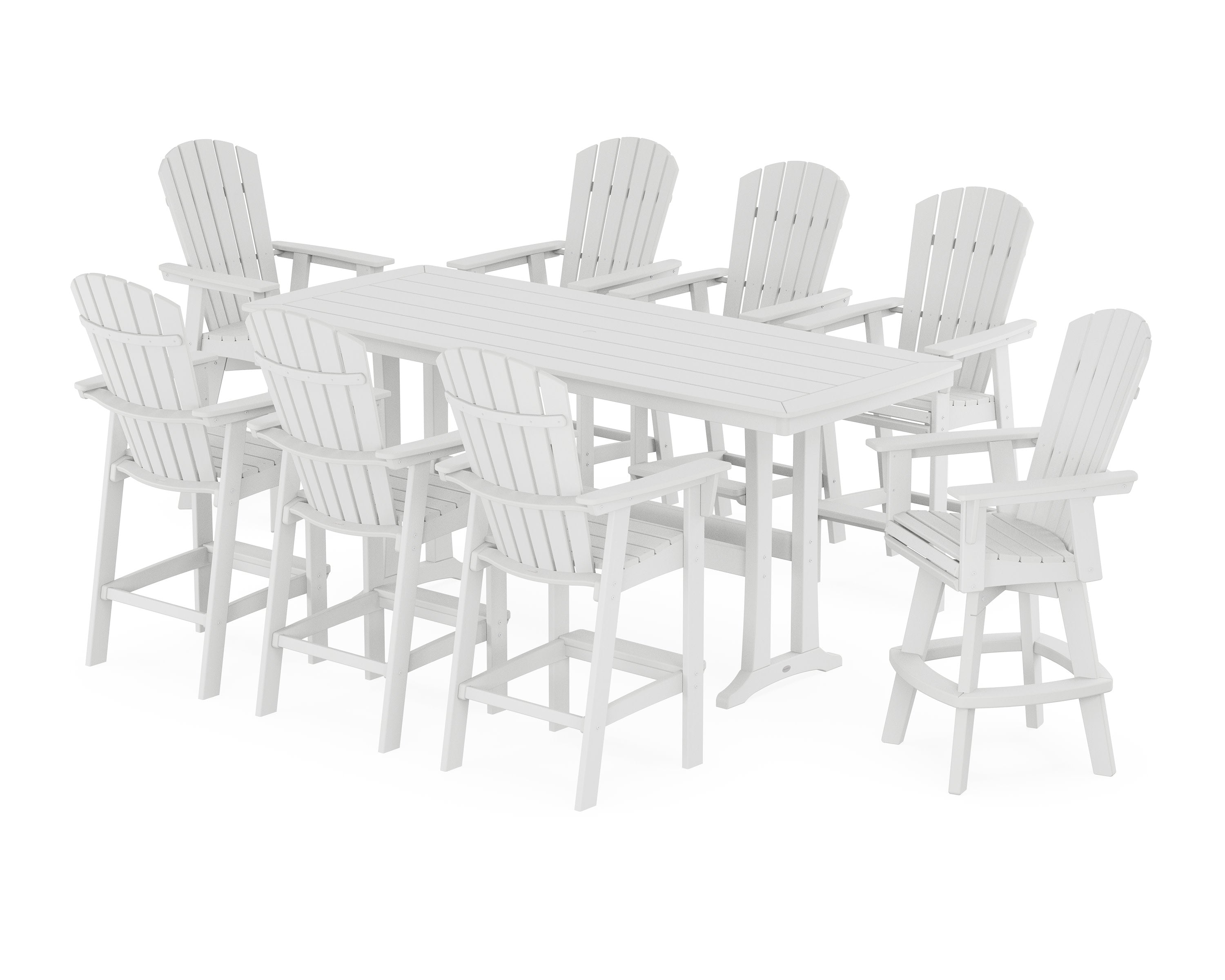 Nautical Curveback Adirondack Swivel 9-Piece Bar Set with Trestle Legs in White