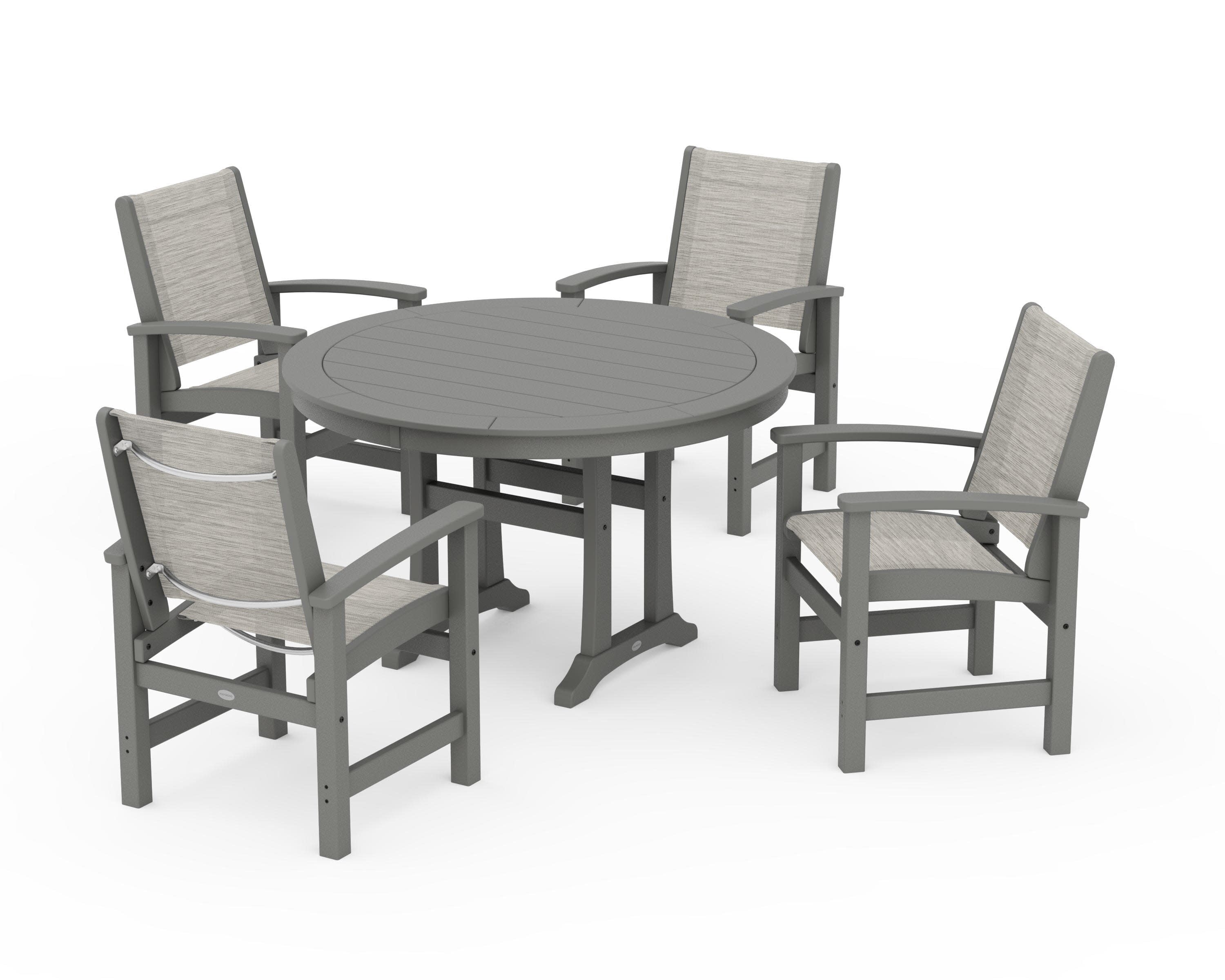 Coastal 5-Piece Round Dining Set with Trestle Legs in Slate Grey / Birch Sling