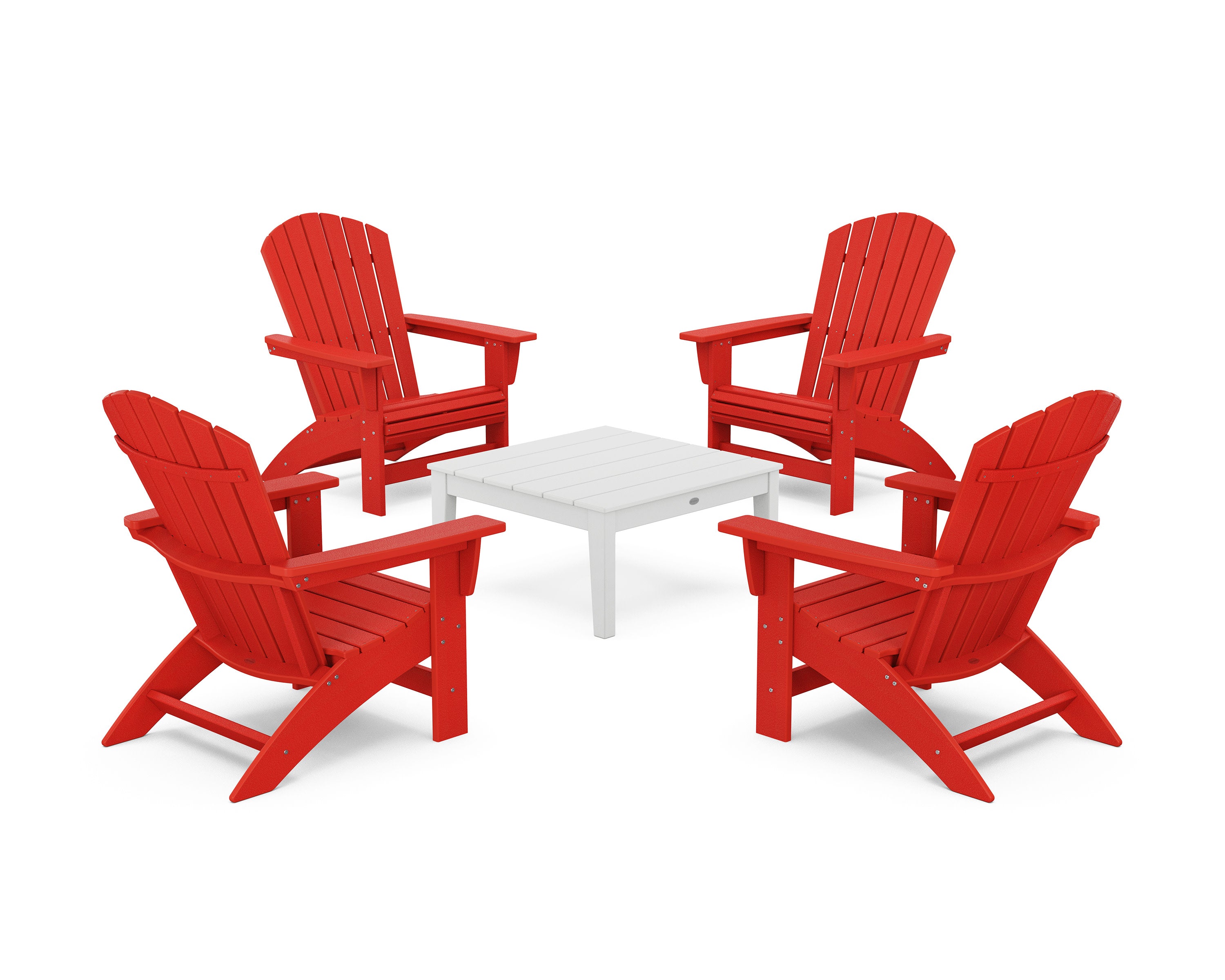 5-Piece Nautical Grand Adirondack Chair Conversation Group in Sunset Red / White