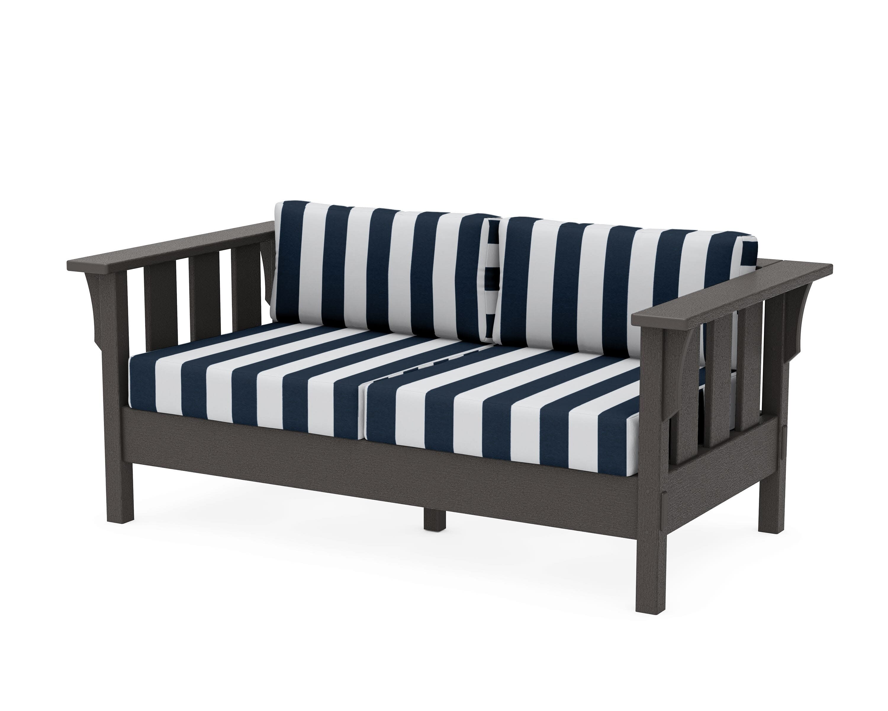 Acadia Deep Seating Loveseat in Vintage Coffee / Cabana Stripe Marine Indigo