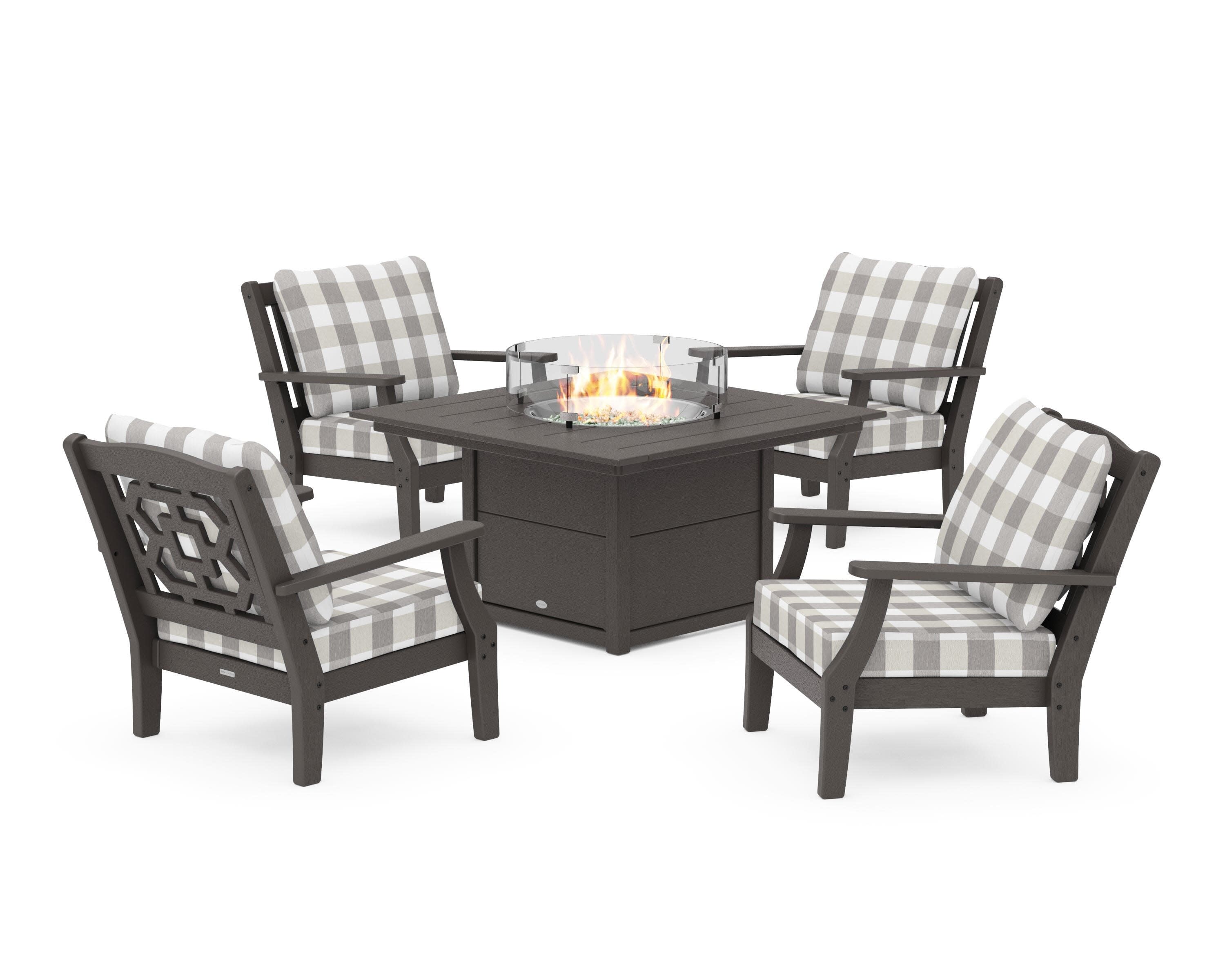 Chinoiserie 5-Piece Deep Seating Set with Fire Pit Table in Vintage Coffee / Buffalo Plaid Grey Mist