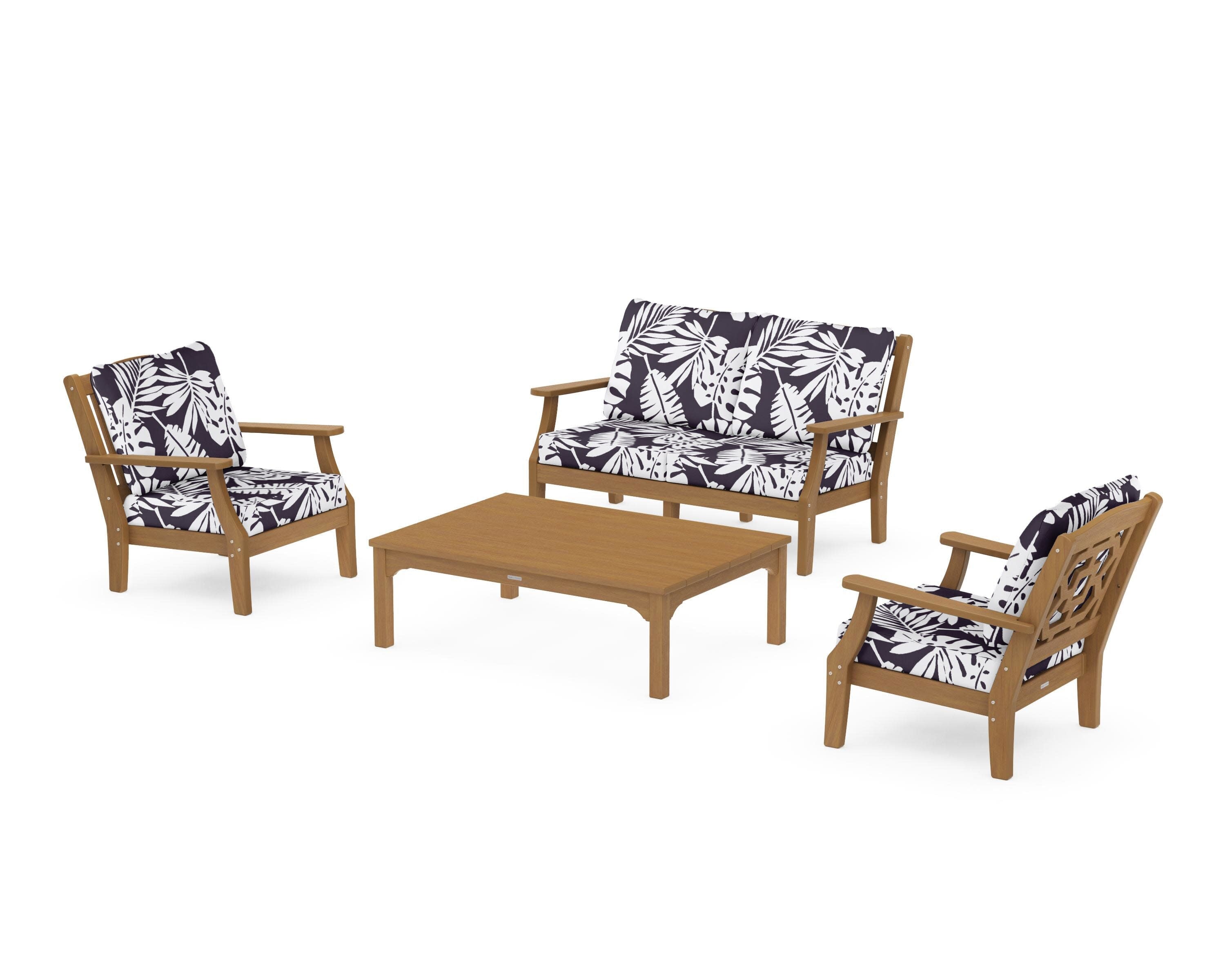 Chinoiserie 4-Piece Deep Seating Set with Loveseat in Natural / Leaf Navy