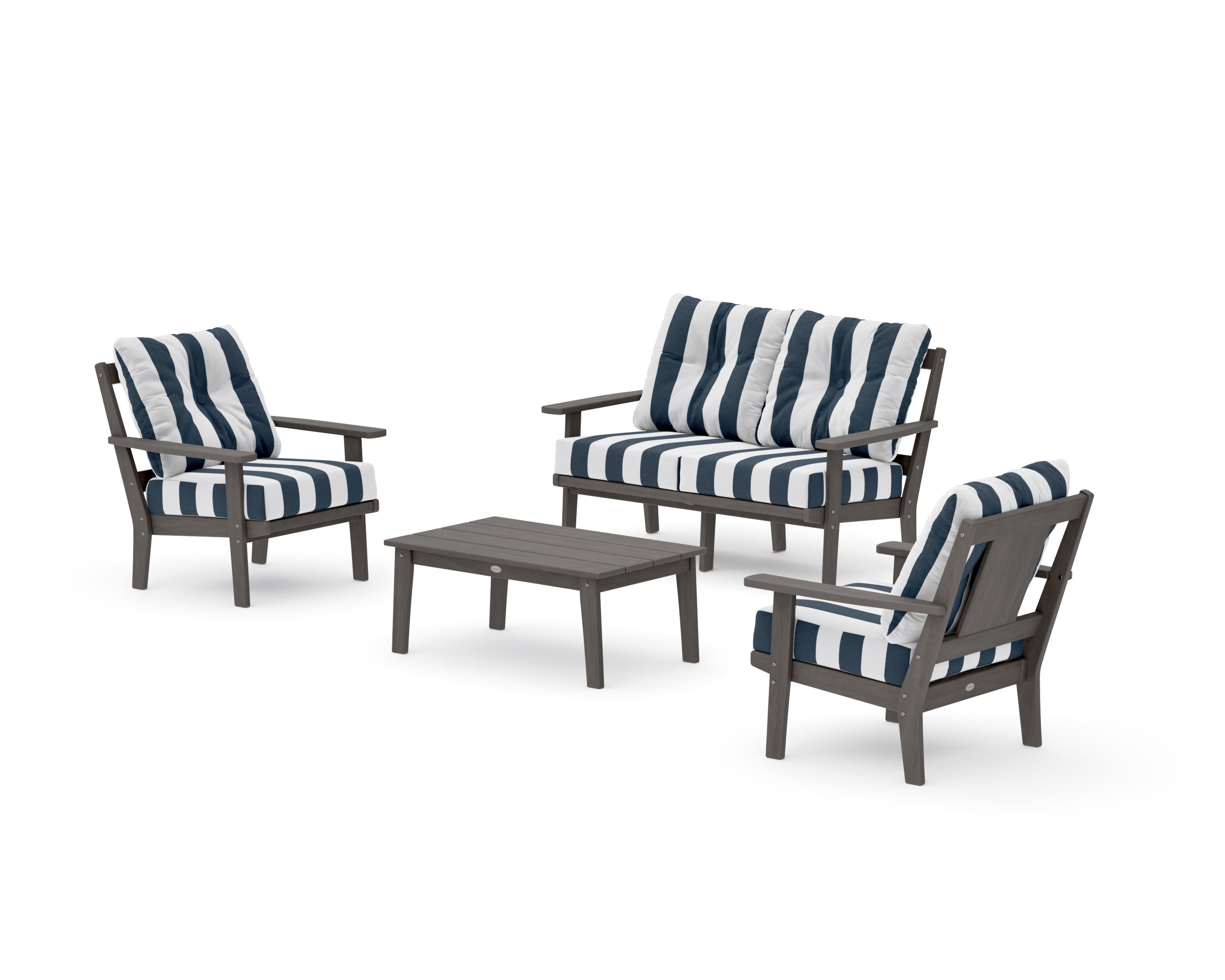 Prairie 4-Piece Deep Seating Set with Loveseat in Driftwood / Cabana Stripe Marine Indigo