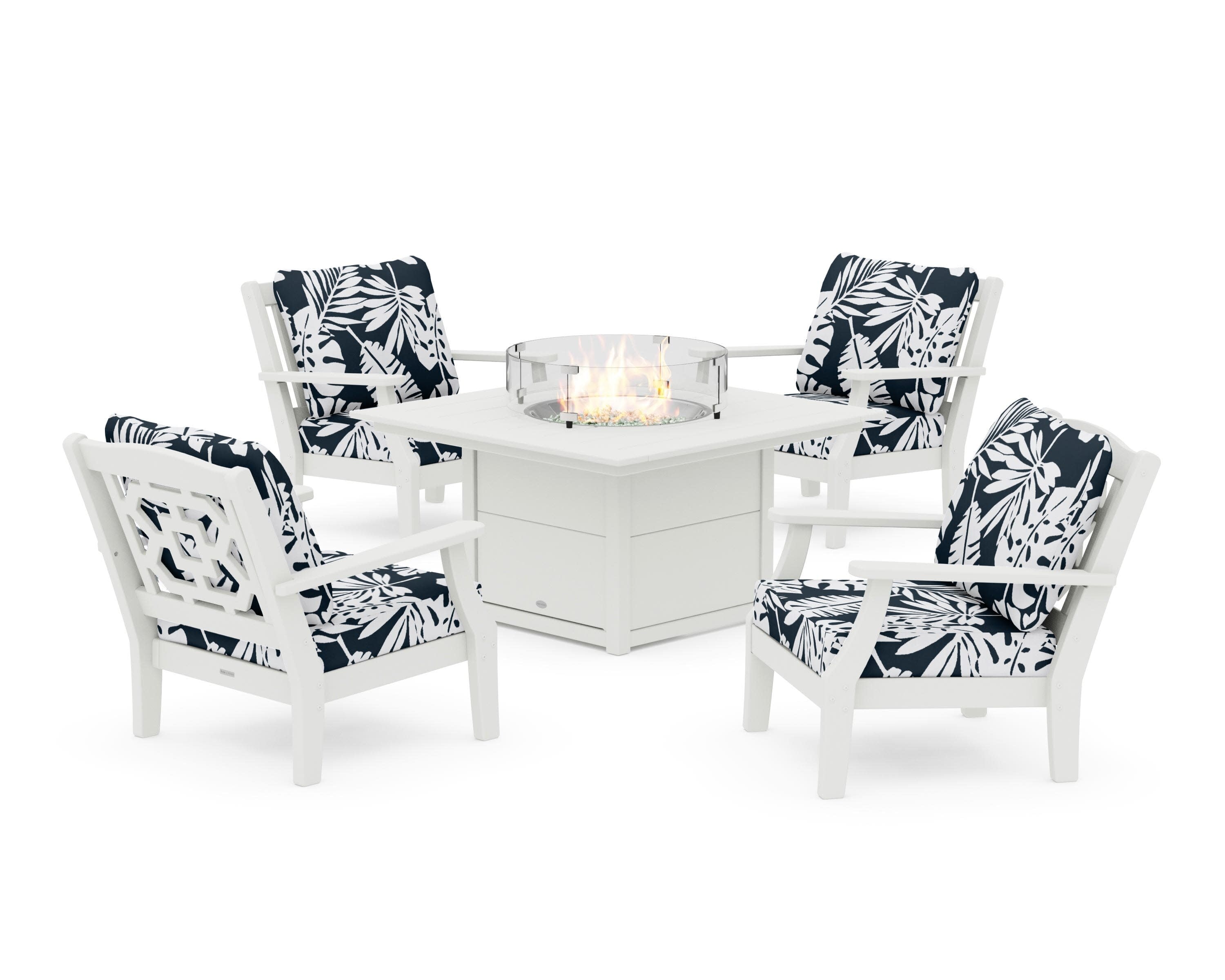 Chinoiserie 5-Piece Deep Seating Set with Fire Pit Table in Vintage White / Leaf Marine Indigo