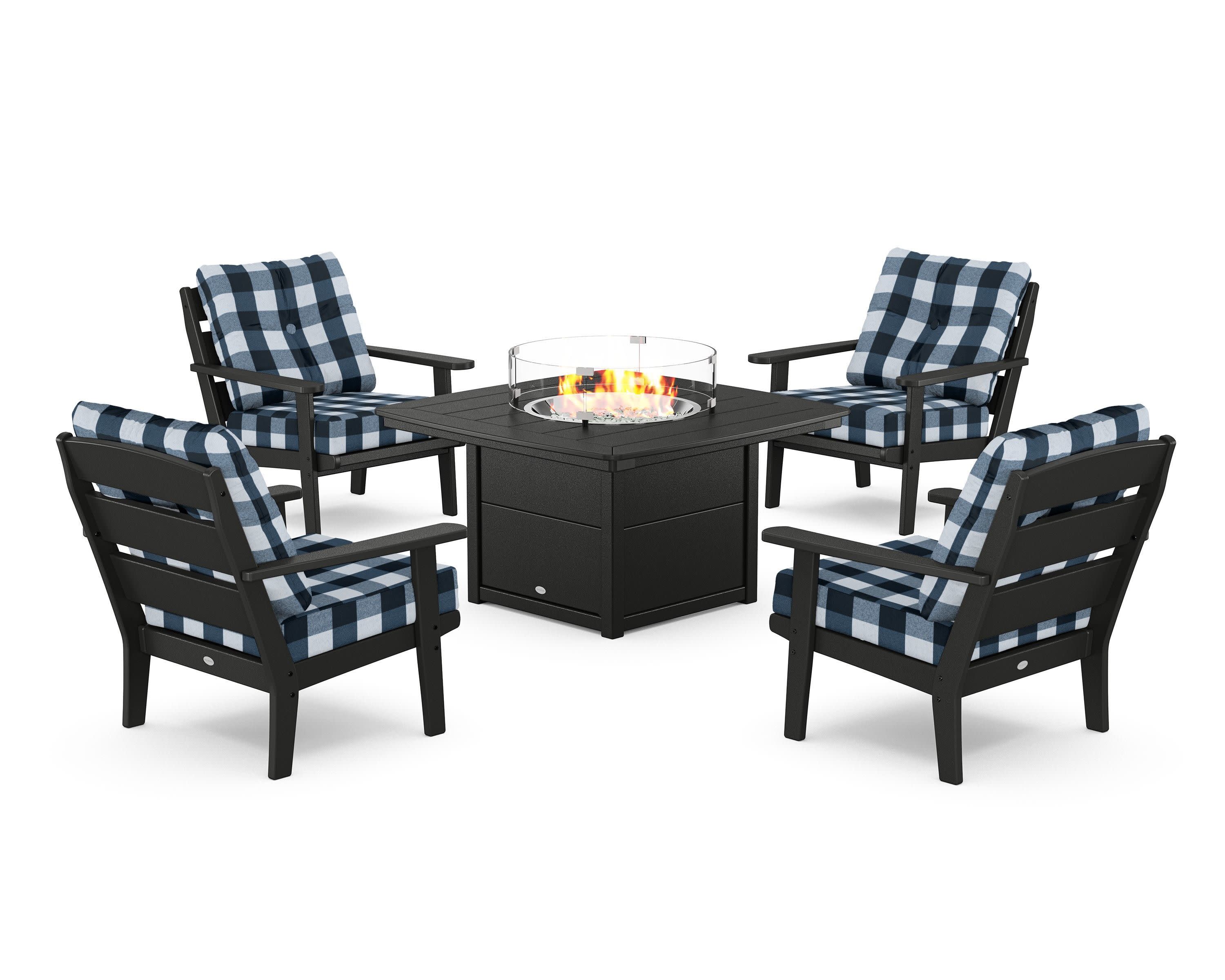Lakeside 5-Piece Deep Seating Set with Nautical Fire Pit Table in Black / Buffalo Plaid Marine Indigo