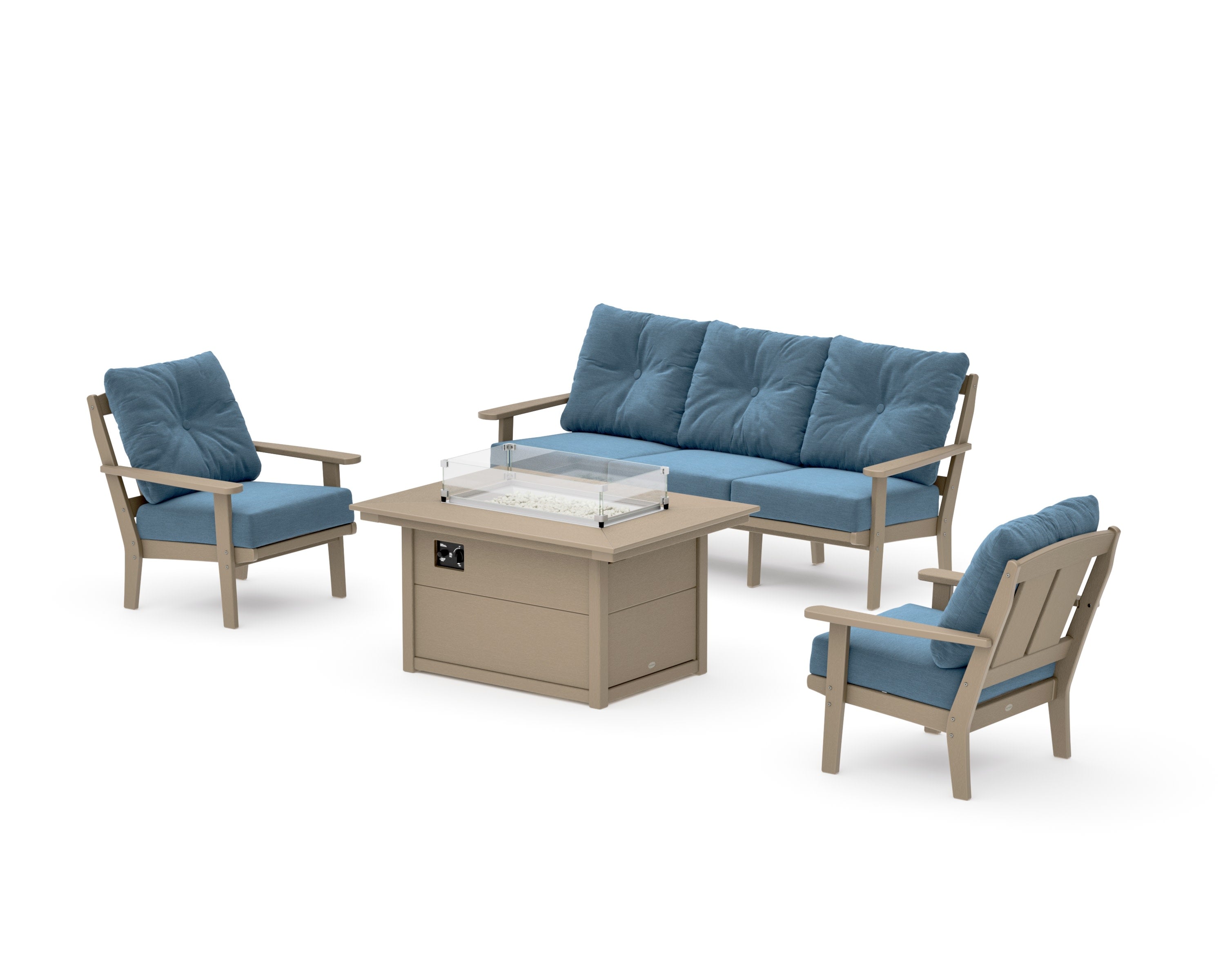 Mission Deep Seating Fire Pit Table Set in Vintage Sahara / Sky Blue