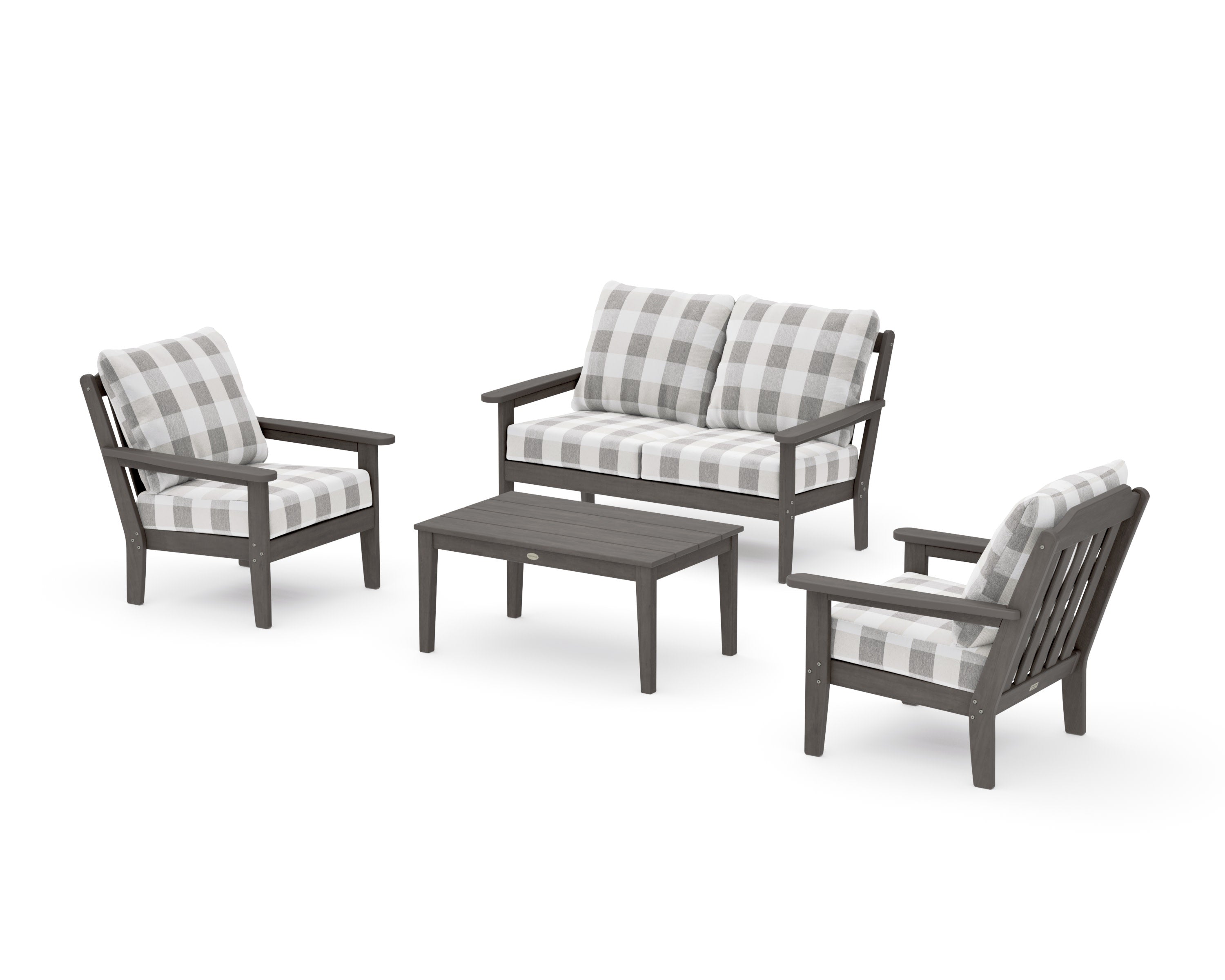 Cottage 4-Piece Deep Seating Set with Loveseat in Driftwood / Buffalo Plaid Grey Mist