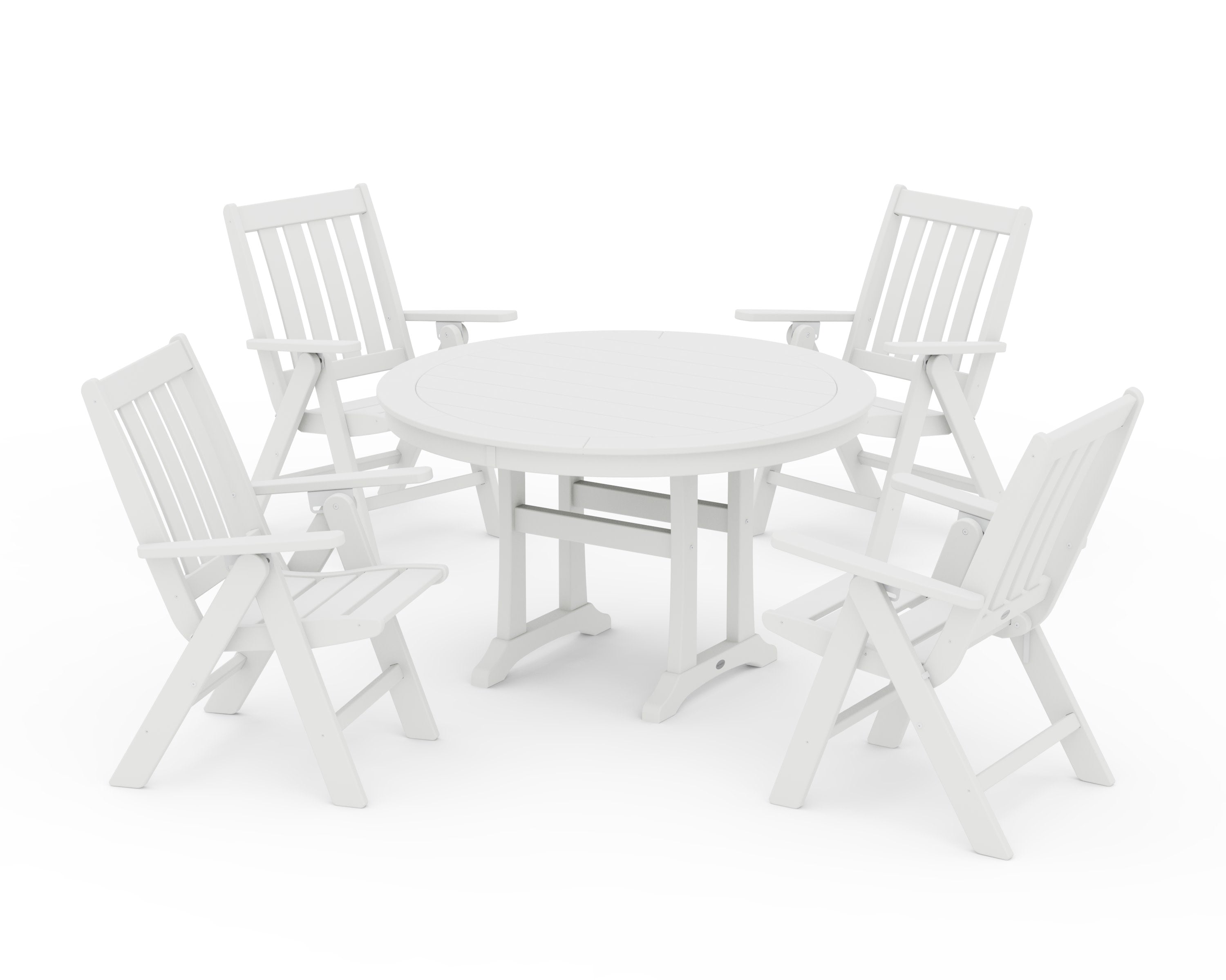 Vineyard Folding Chair 5-Piece Round Dining Set with Trestle Legs in White