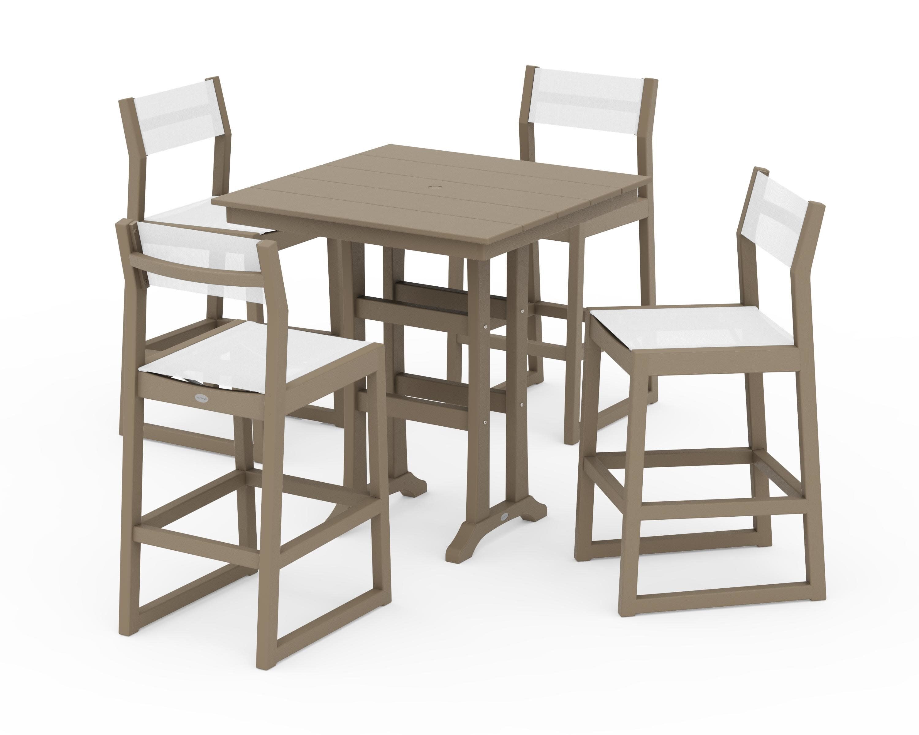 EDGE Sling Arm Chair 5-Piece Farmhouse Bar Set with Trestle Legs in Vintage Sahara / White Sling