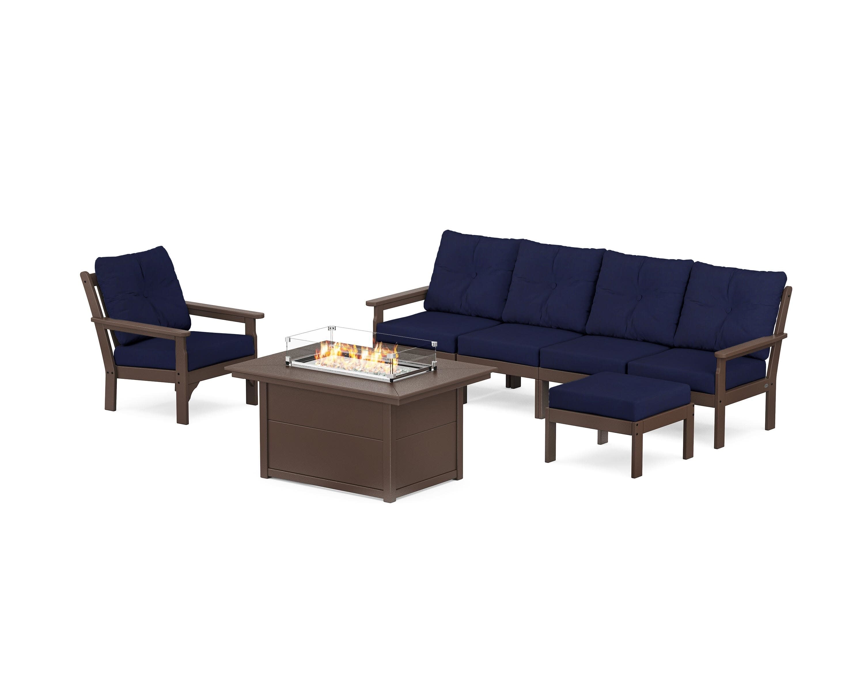 Vineyard Sectional Lounge and Fire Pit Set in Mahogany / Navy