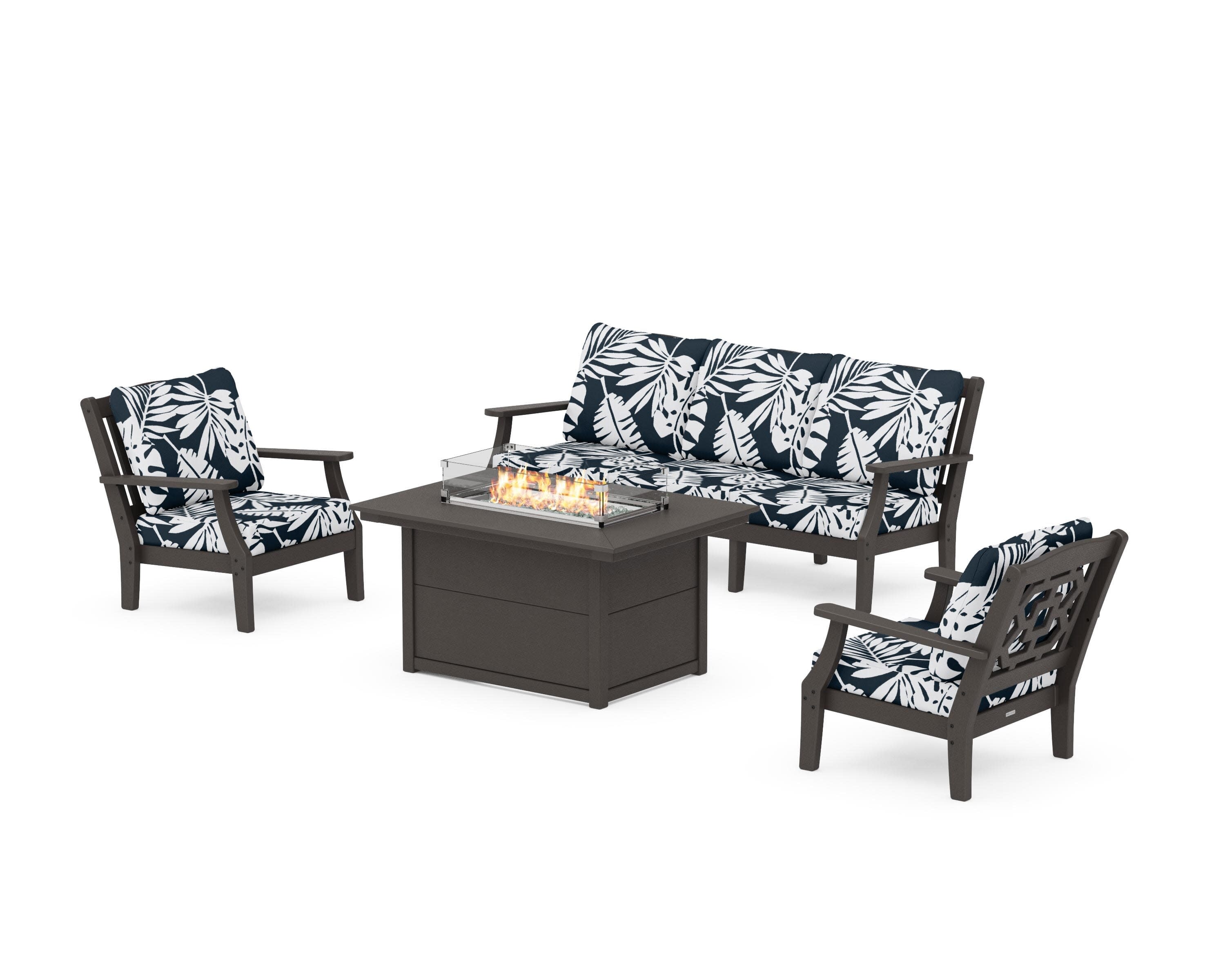 Chinoiserie Deep Seating Fire Pit Table Set in Vintage Coffee / Leaf Marine Indigo