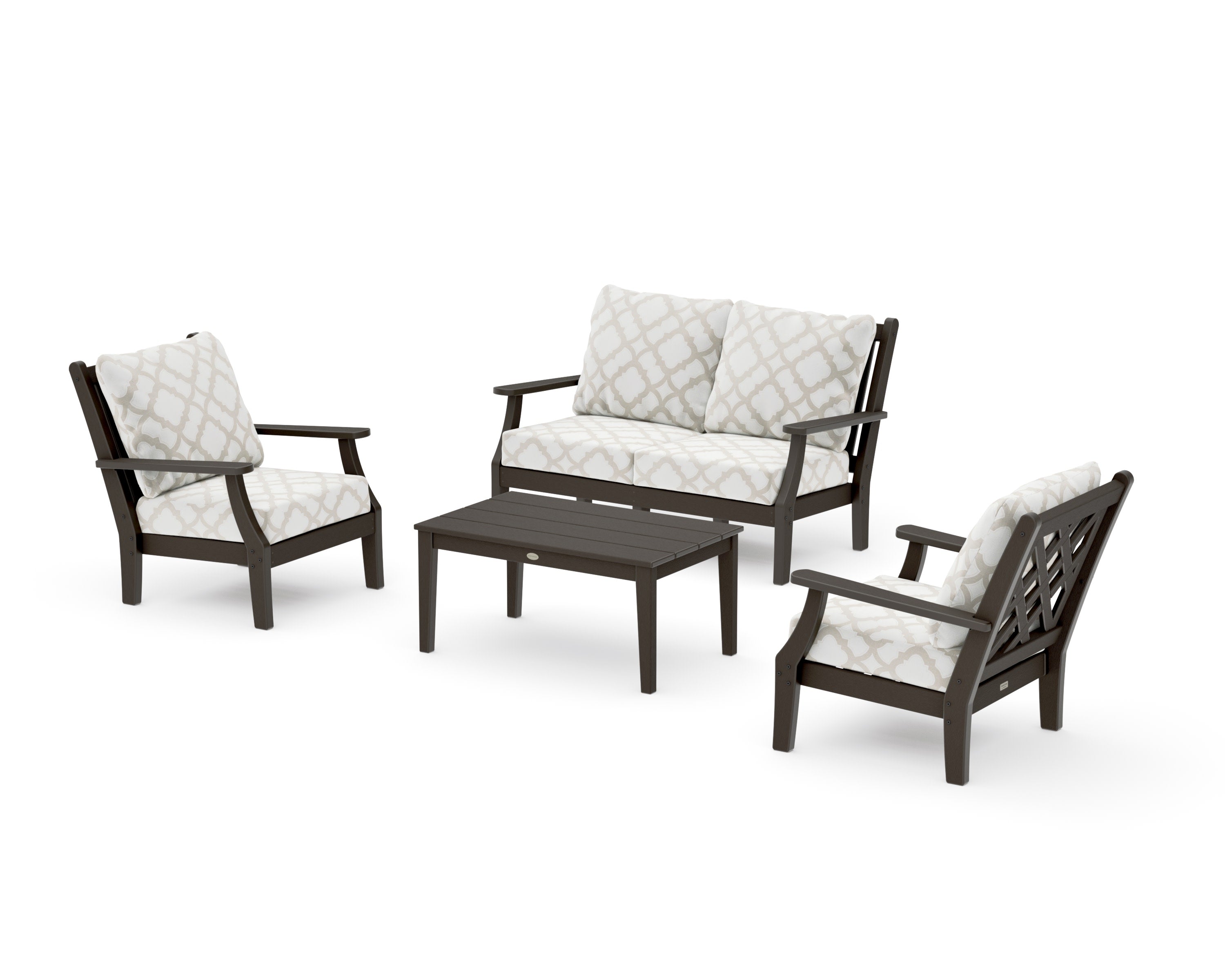 Wovendale 4-Piece Deep Seating Set with Loveseat in Vintage Coffee / Trellis Dune Burlap
