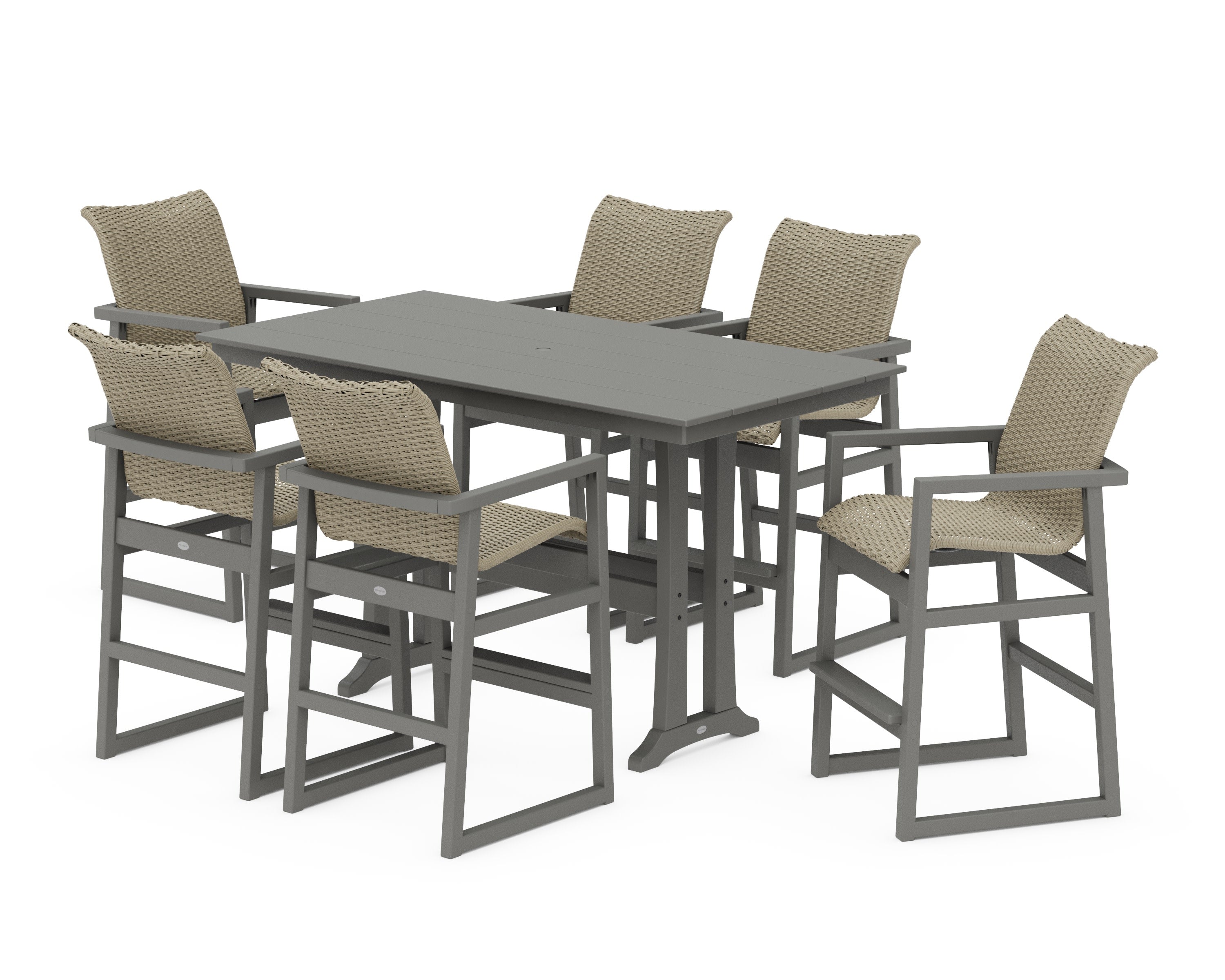 EDGE Woven Arm Chair 7-Piece Farmhouse Bar Set with Trestle Legs in Slate Grey / Dune Grass