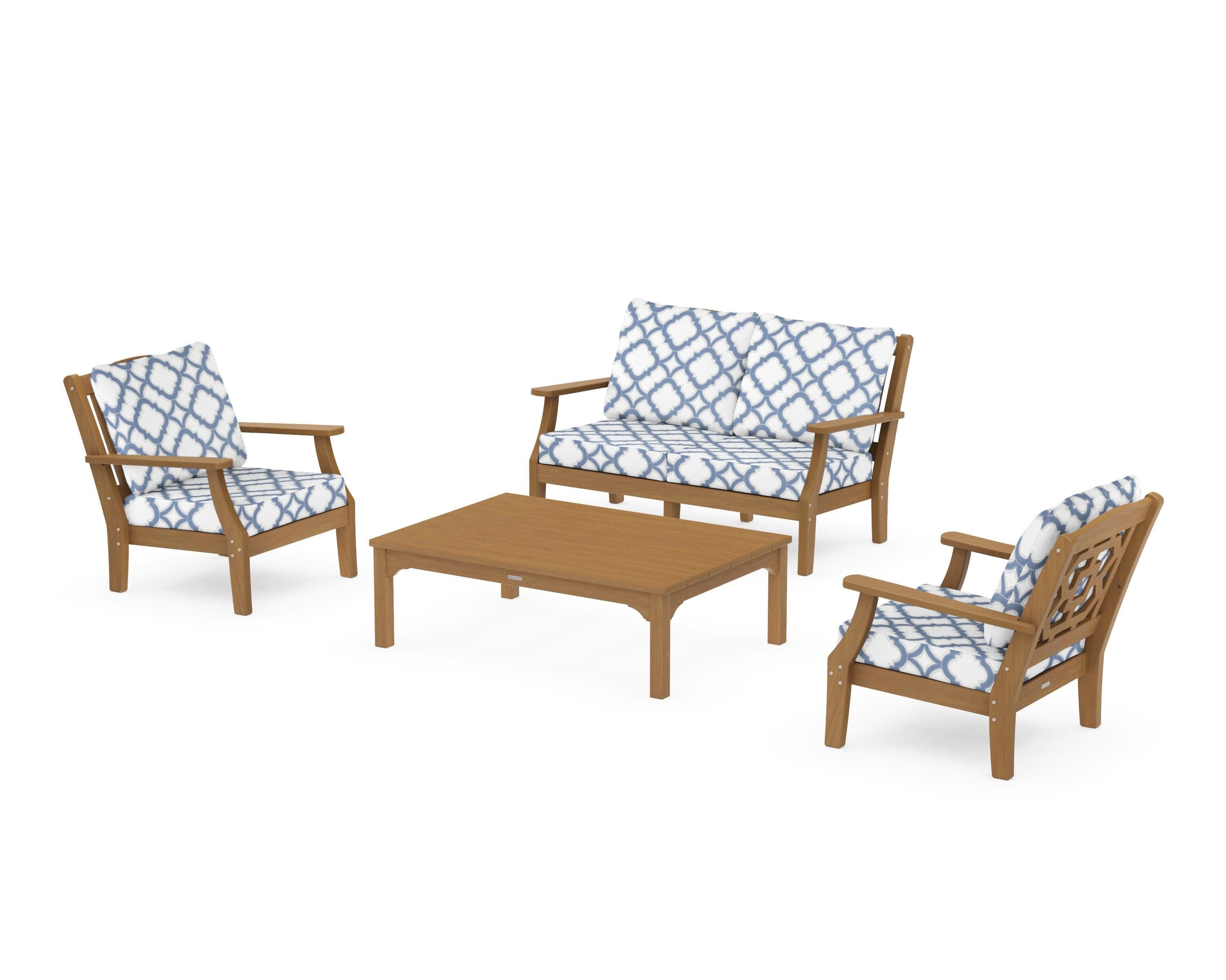 Chinoiserie 4-Piece Deep Seating Set with Loveseat in Natural / Trellis Sky Blue
