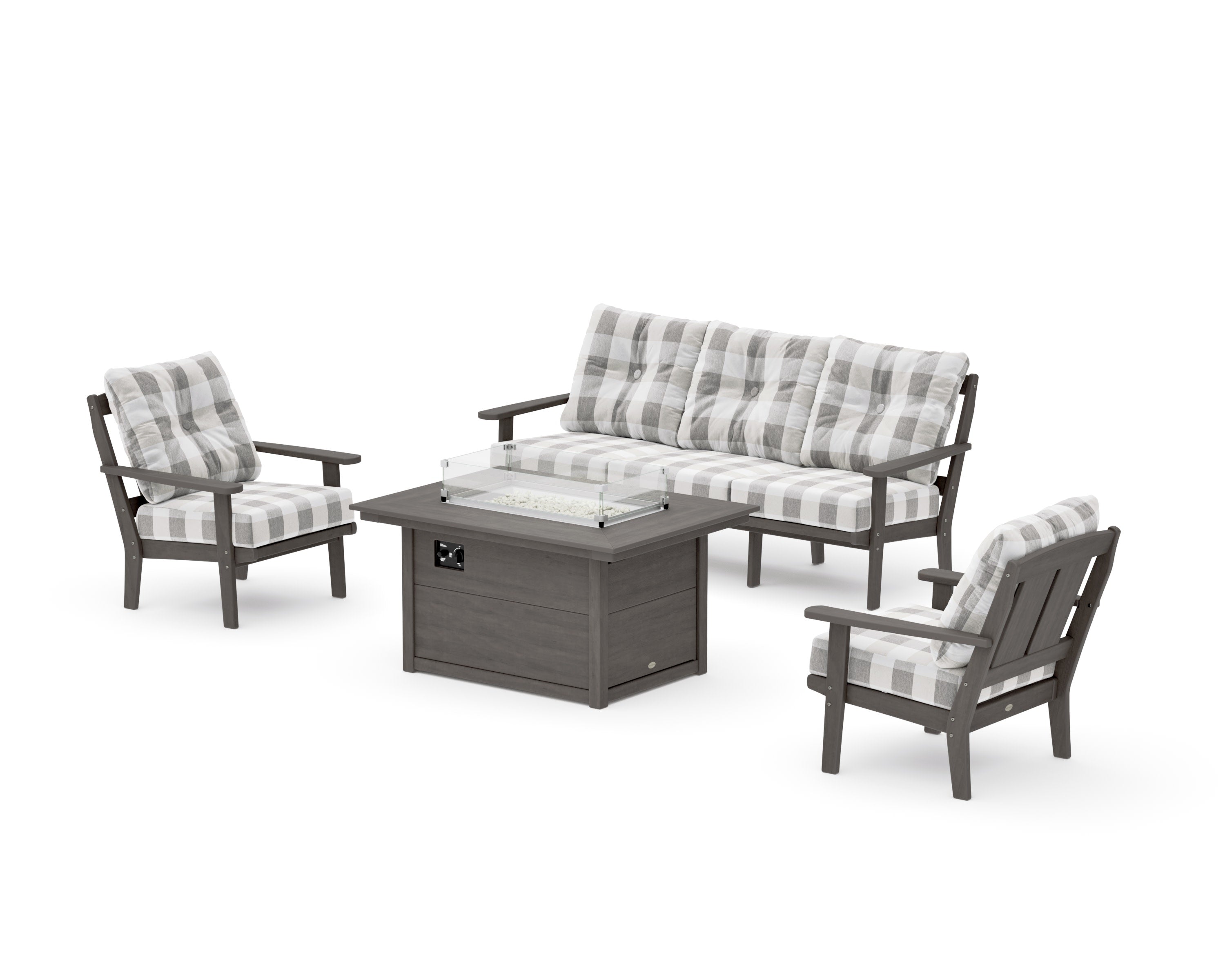 Mission Deep Seating Fire Pit Table Set in Driftwood / Buffalo Plaid Grey Mist