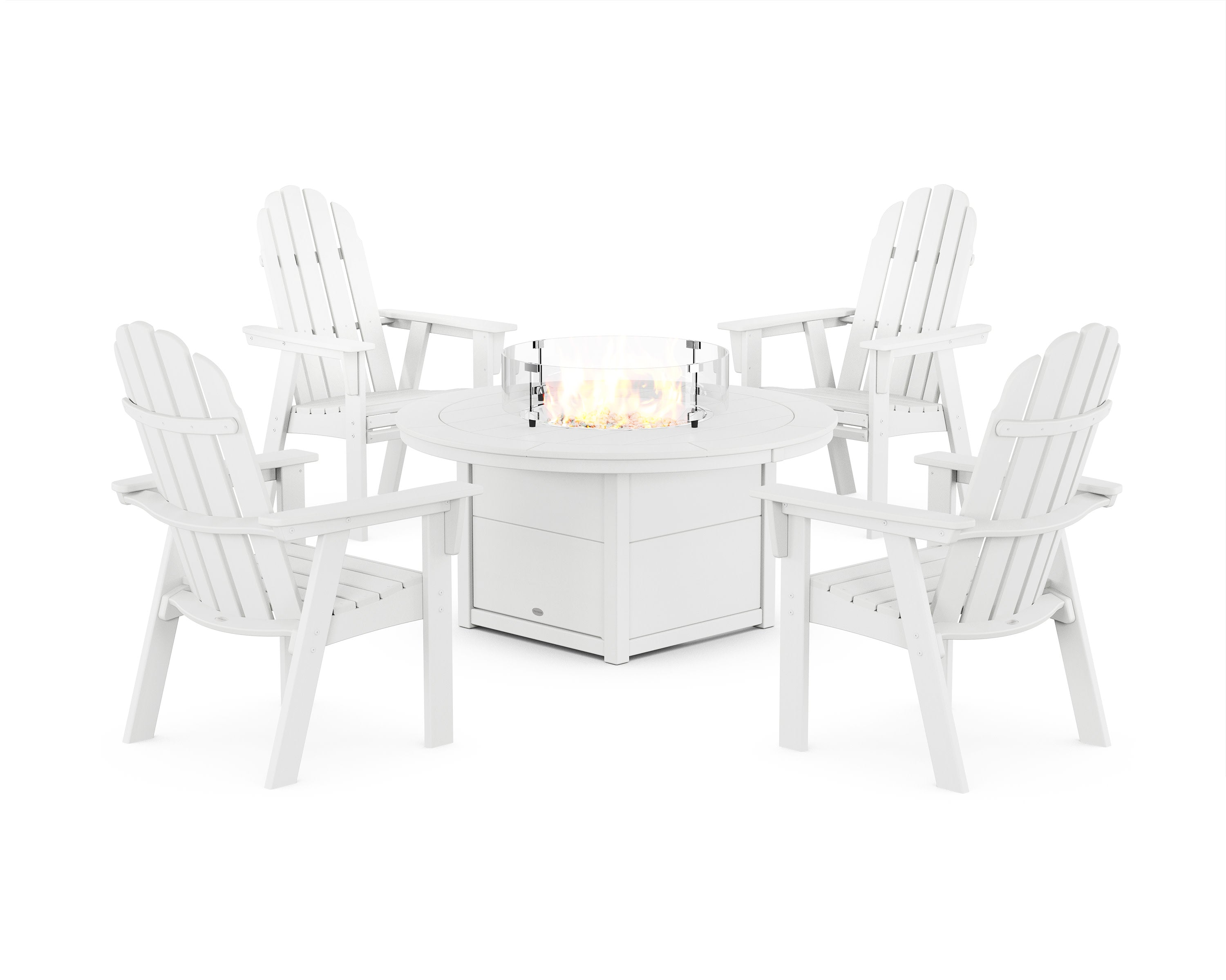 Vineyard 4-Piece Curveback Upright Adirondack Conversation Set with Fire Pit Table in White