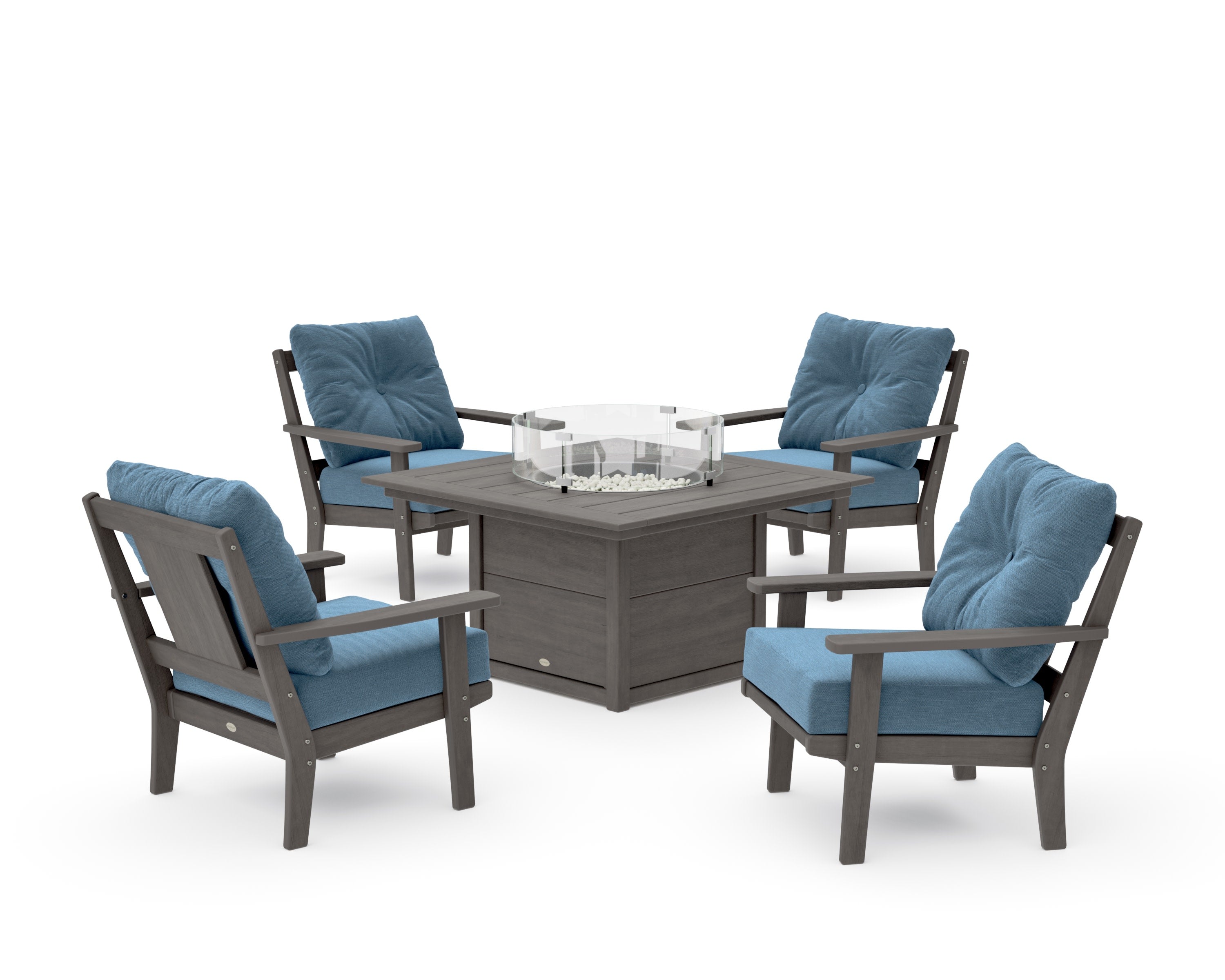 Prairie 5-Piece Deep Seating Set with Fire Pit Table in Driftwood / Sky Blue