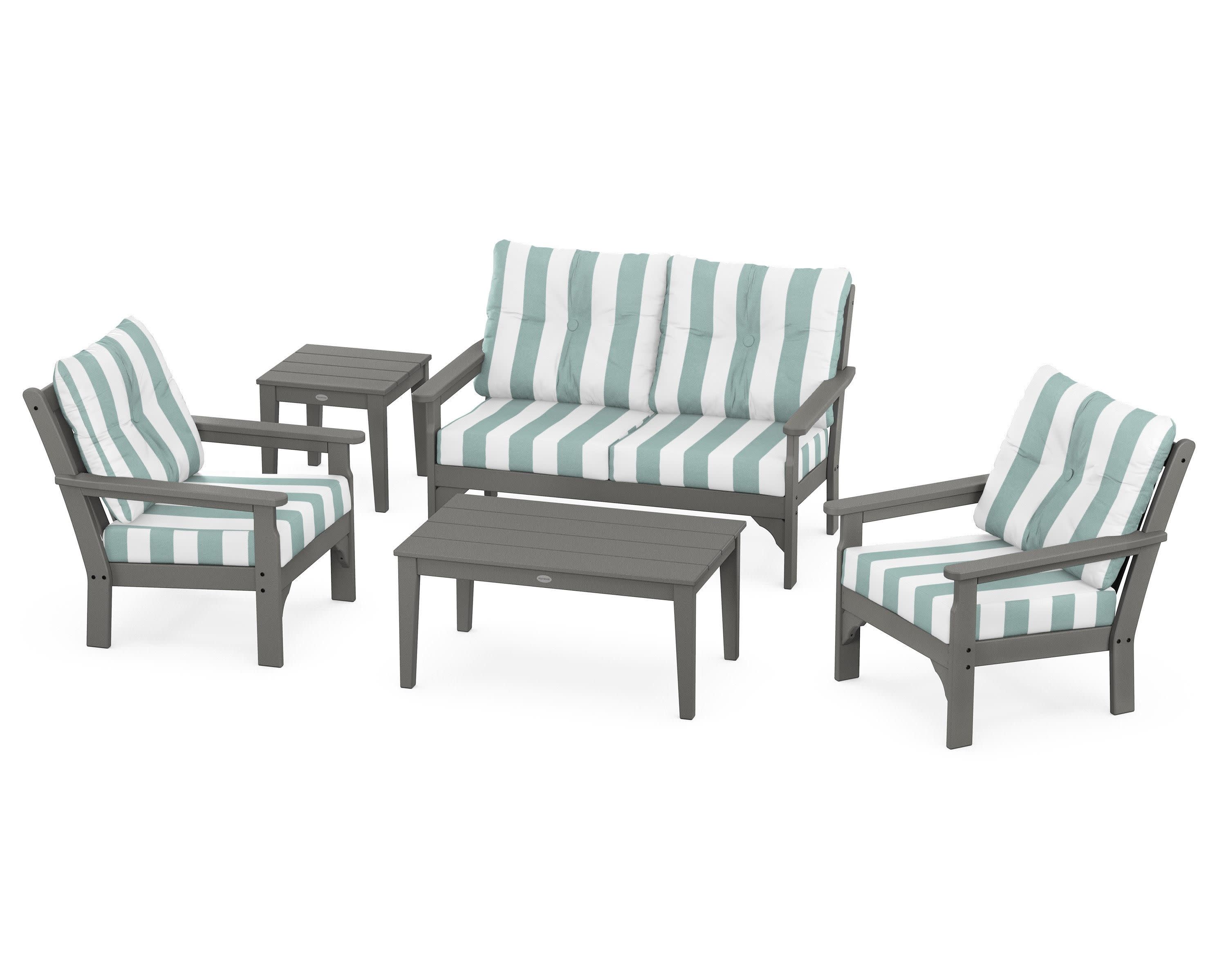 Vineyard 5-Piece Deep Seating Set in Slate Grey / Cabana Stripe Glacier Spa