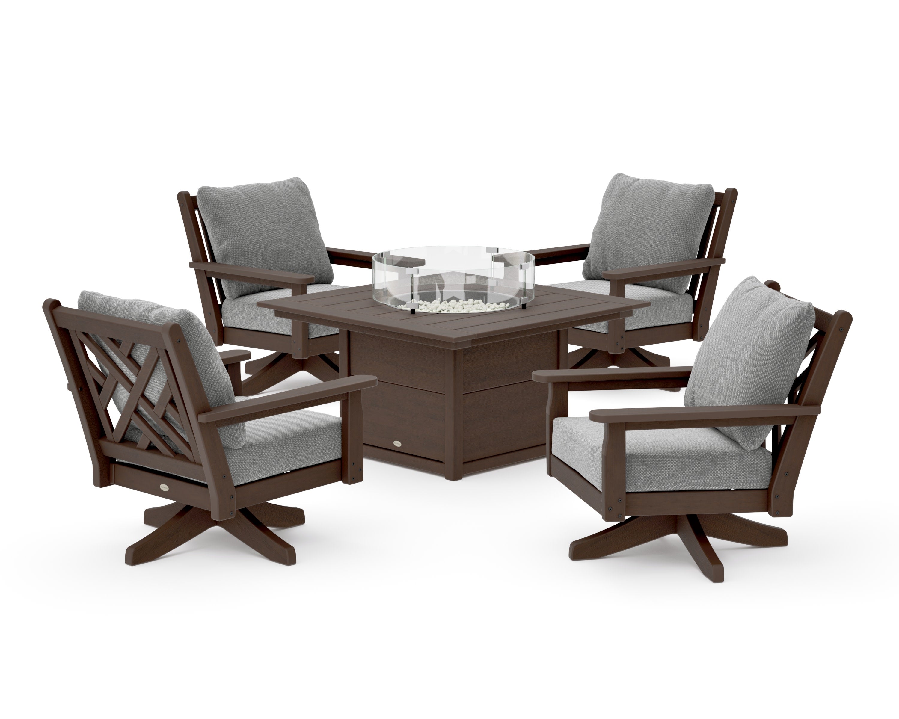 Chippendale 5-Piece Deep Seating Swivel Conversation Set with Fire Pit Table in Kona / Grey Mist