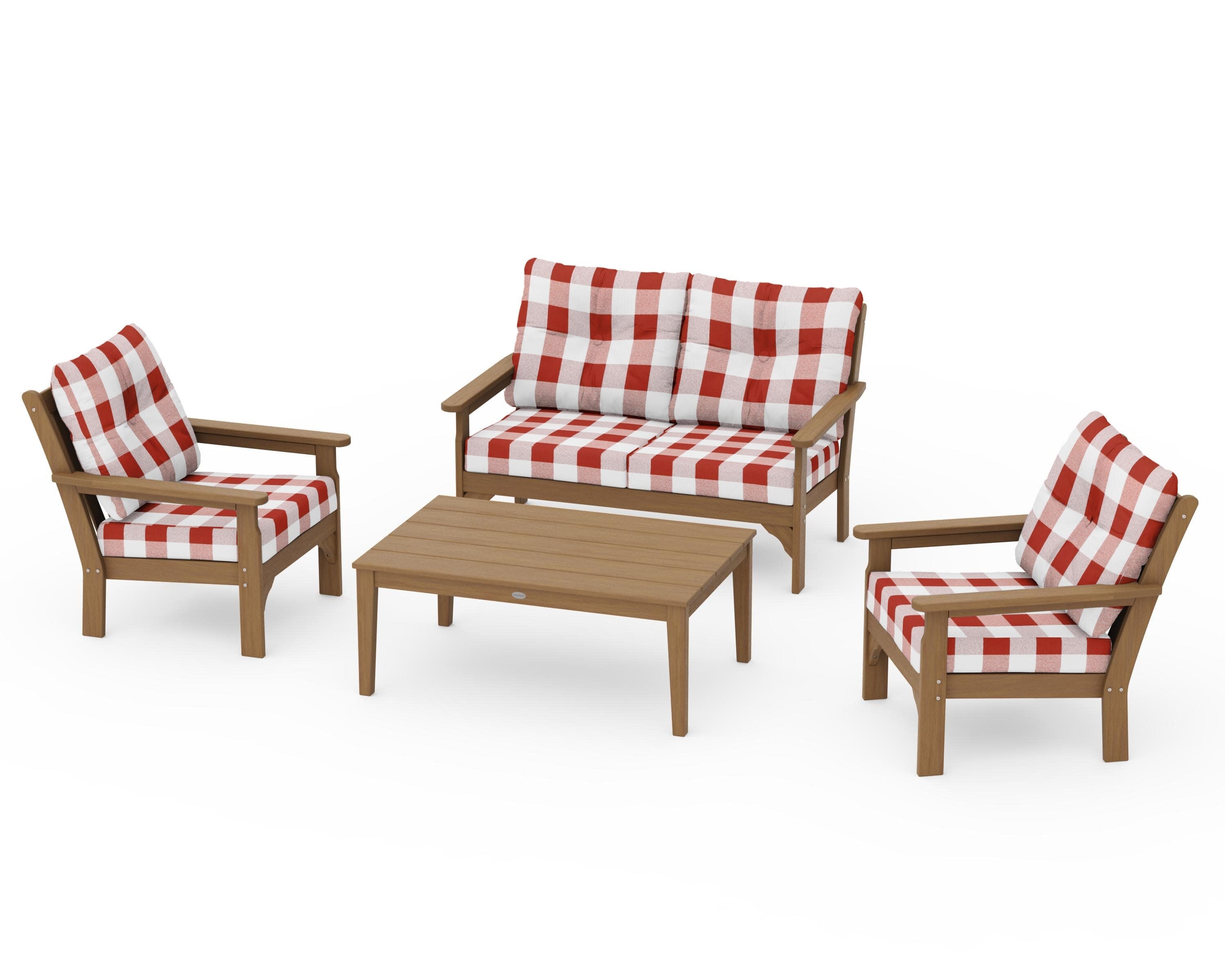 Vineyard 4-Piece Deep Seating Set in Natural / Buffalo Plaid Crimson
