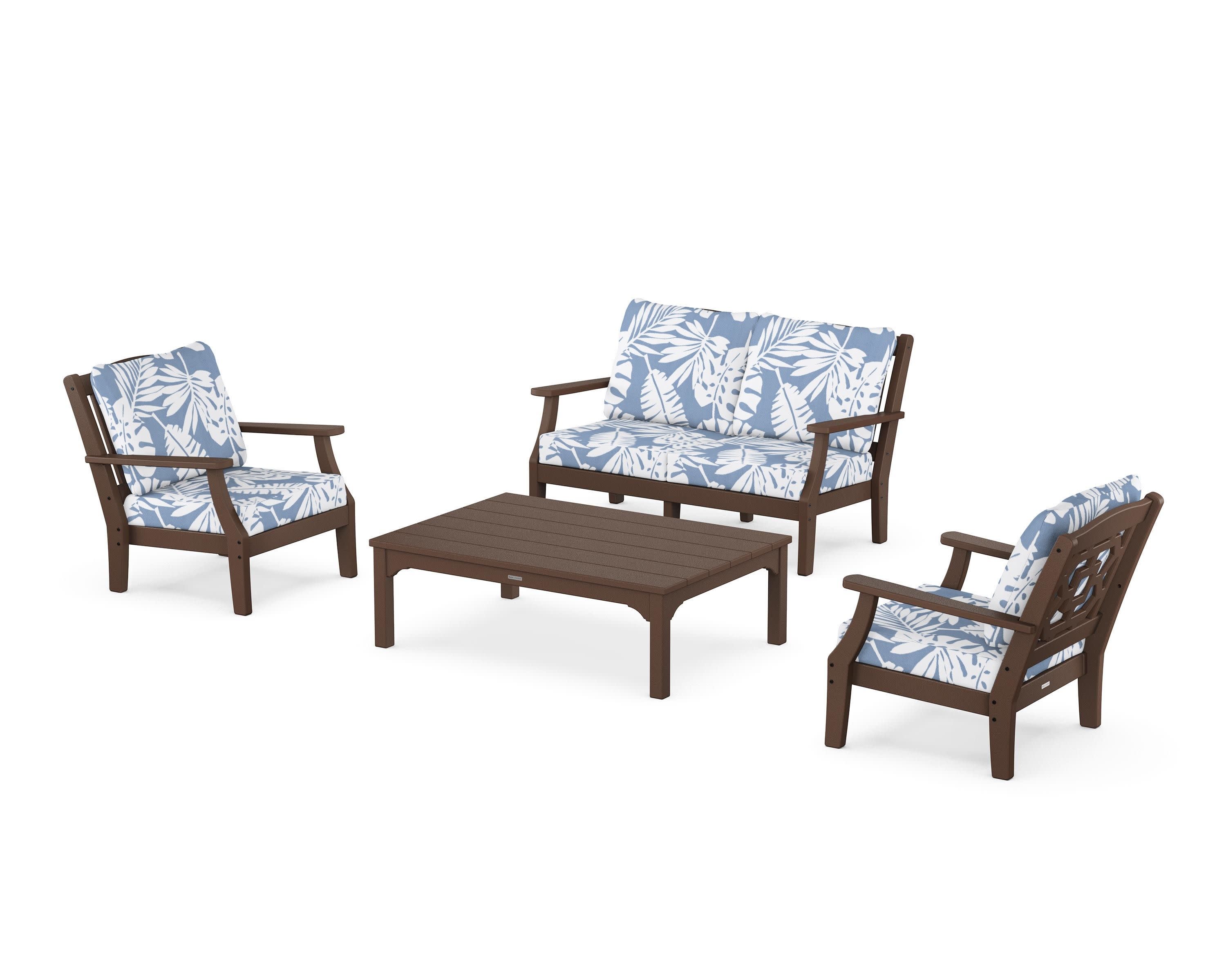 Chinoiserie 4-Piece Deep Seating Set with Loveseat in Mahogany / Leaf Sky Blue