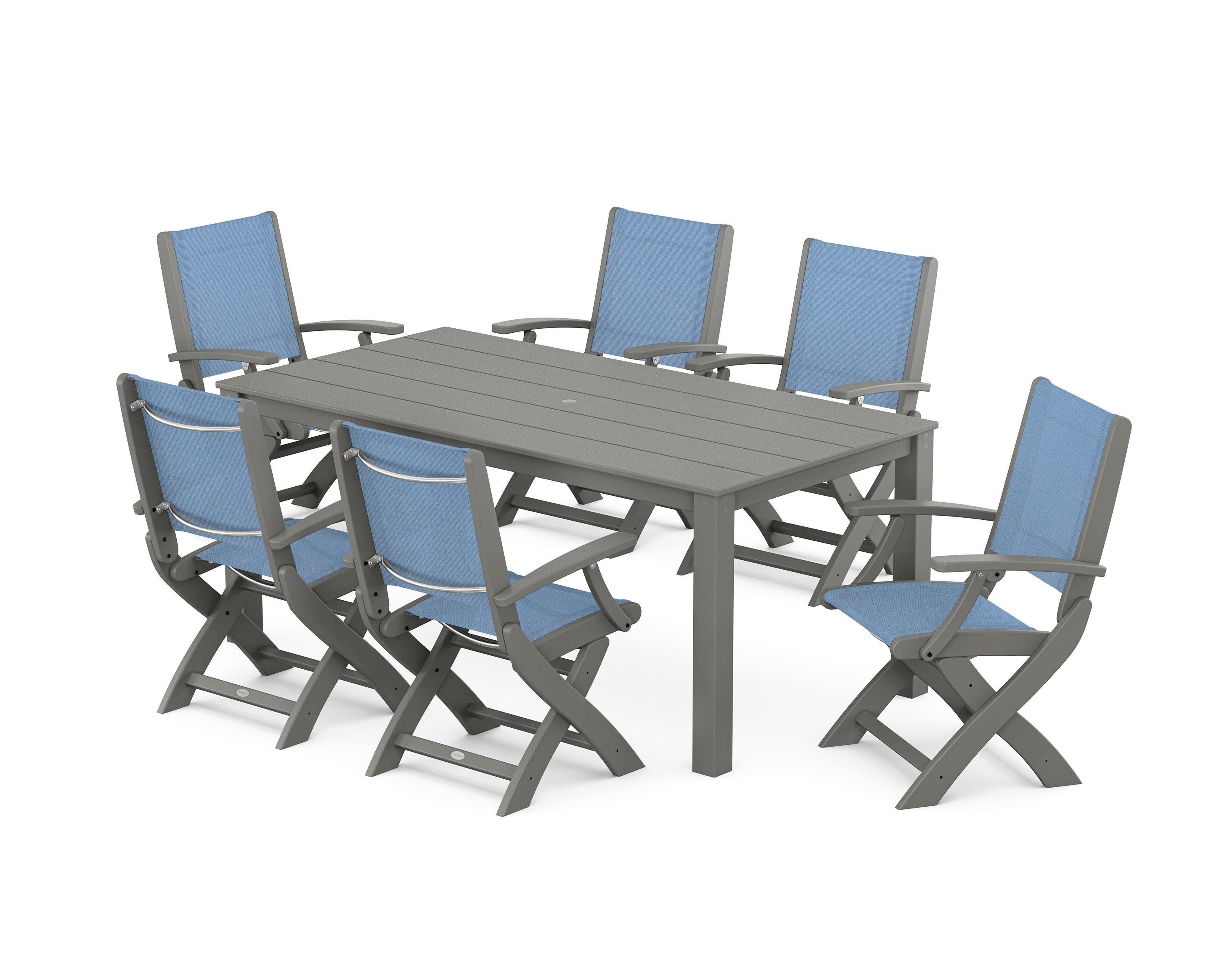 Coastal Folding Chair 7-Piece Parsons Dining Set in Slate Grey / Poolside Sling