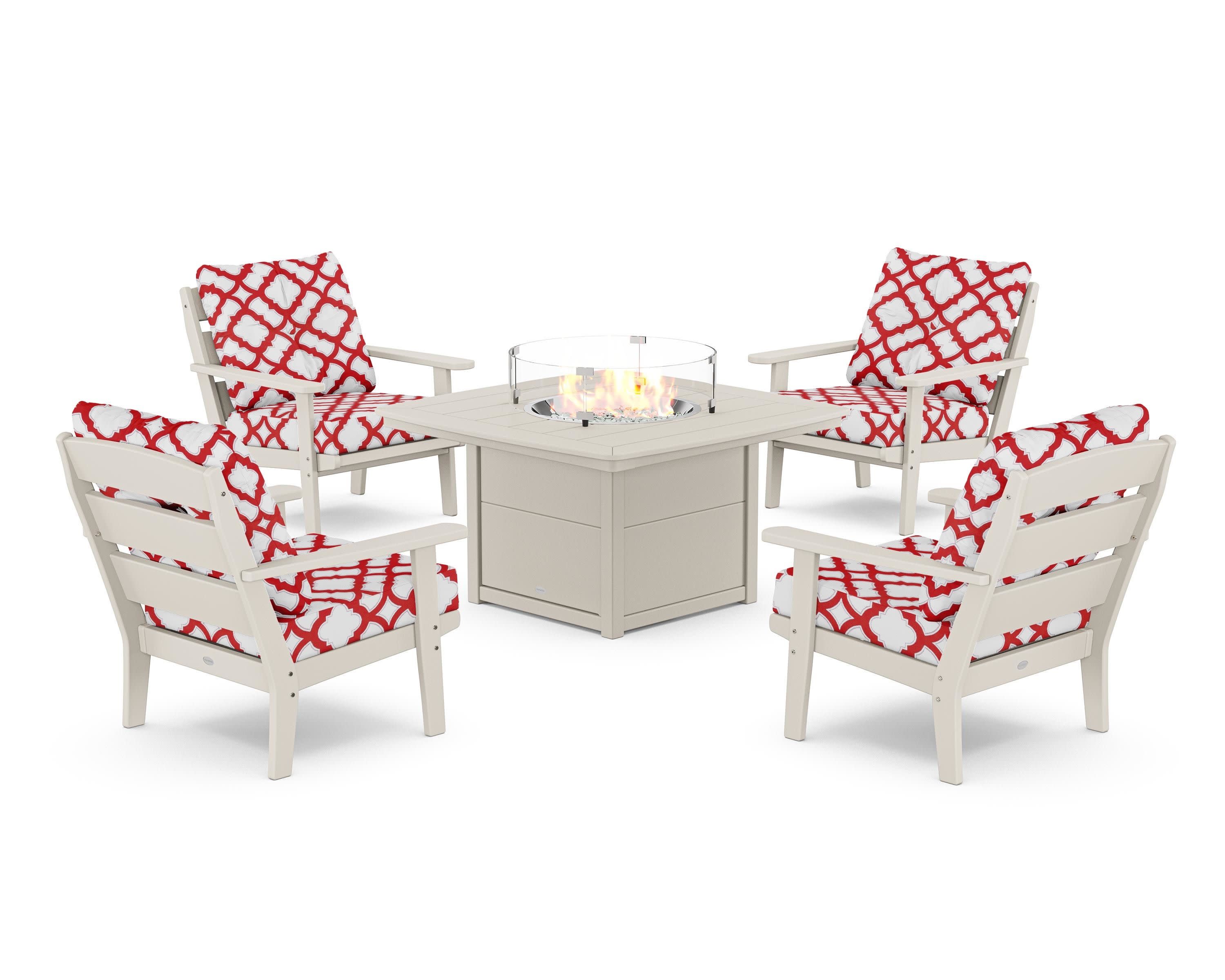 Lakeside 5-Piece Deep Seating Set with Nautical Fire Pit Table in Sand / Trellis Crimson