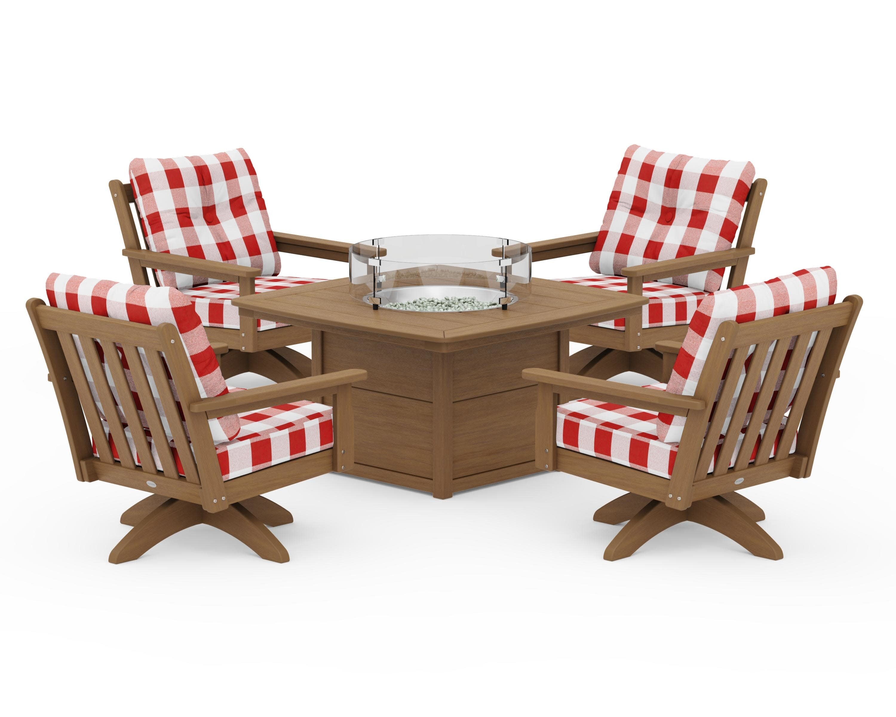 Vineyard 5-Piece Deep Seating Swivel Conversation Set with Fire Pit Table in Natural / Buffalo Plaid Crimson